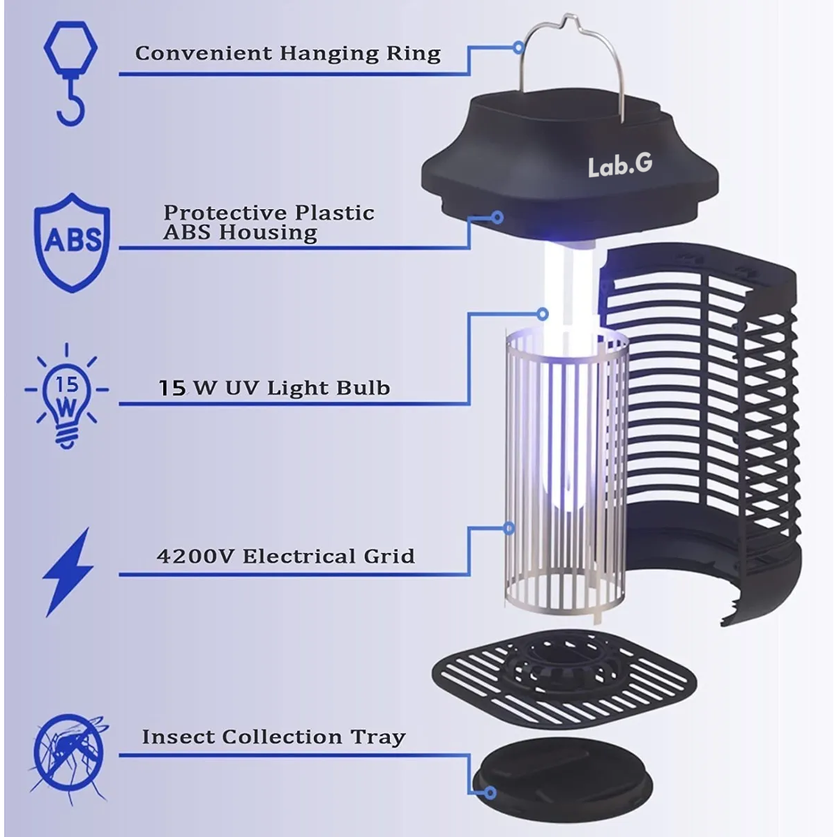 Foto 4 | Lampara Repelente Eléctrica Mata Mosquitos Y Mosca 4200v Portátil Lab.g Negro