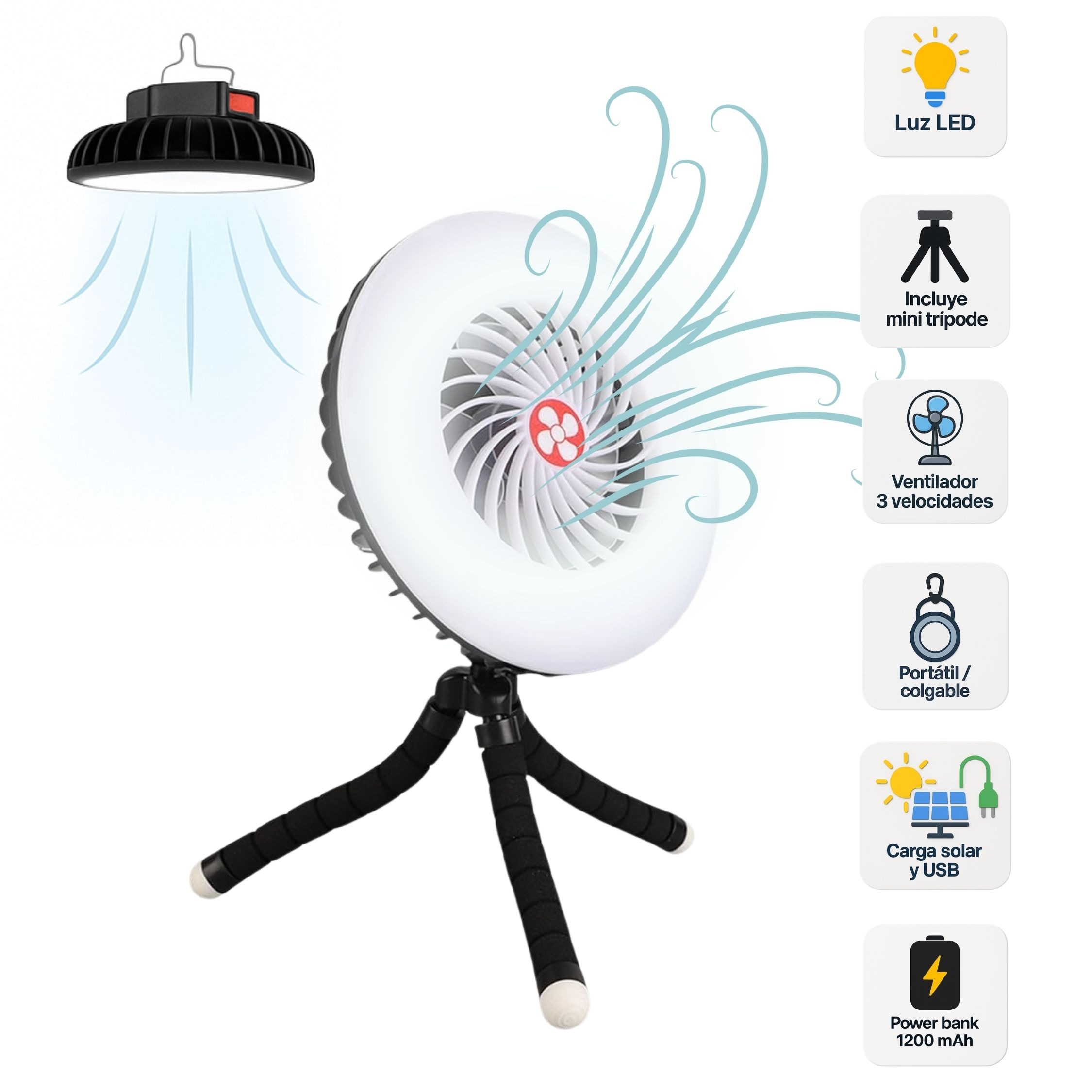 Ventilador Lámpara Led Recargable Solar Portátil Con Power Bank 1200mah – 3 Velocidades Y Gancho Para Camping $451