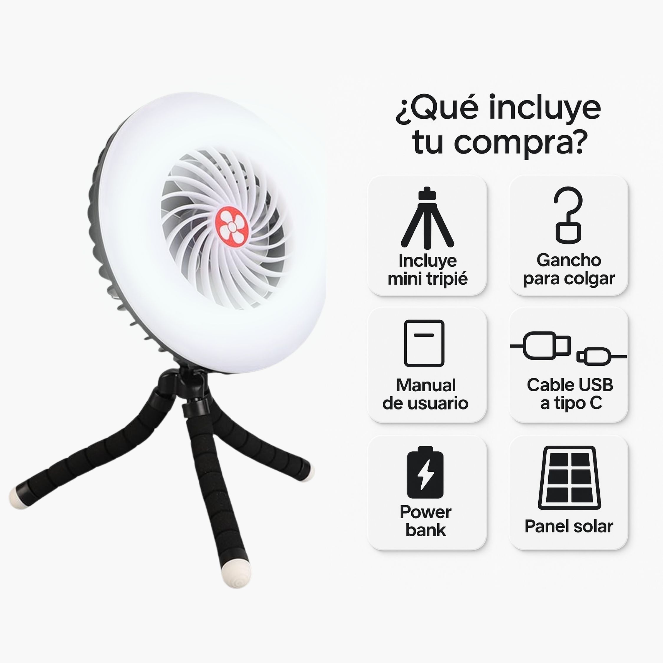 Foto 3 pulgar | Ventilador Lámpara Led Recargable Solar Portátil Con Power Bank 1200mah – 3 Velocidades Y Gancho Para Camping