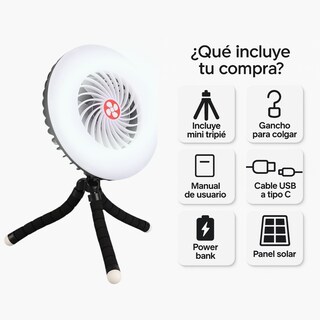 Foto 2 | Ventilador Lámpara Led Recargable Solar Portátil Con Power Bank 1200mah – 3 Velocidades Y Gancho Para Camping