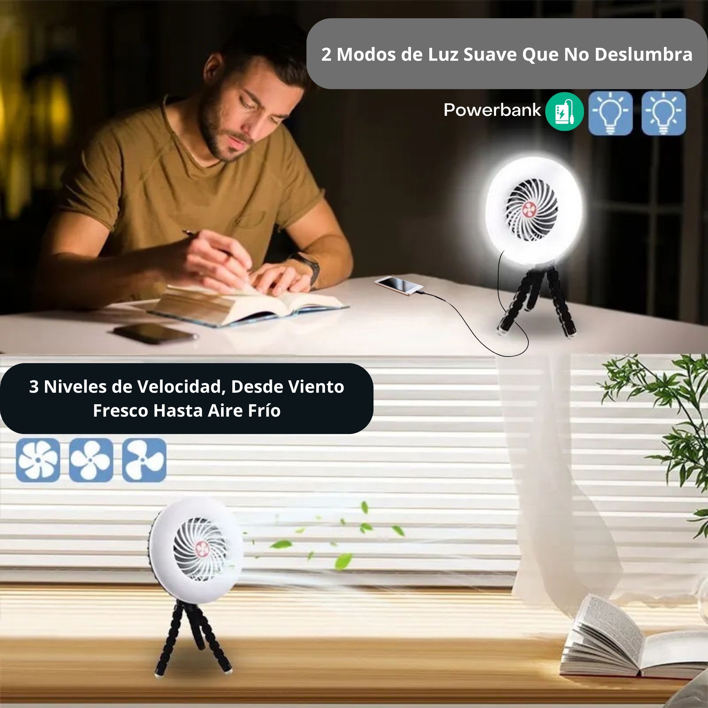 Foto 6 pulgar | Ventilador Lámpara Led Recargable Solar Portátil Con Power Bank 1200mah – 3 Velocidades Y Gancho Para Camping
