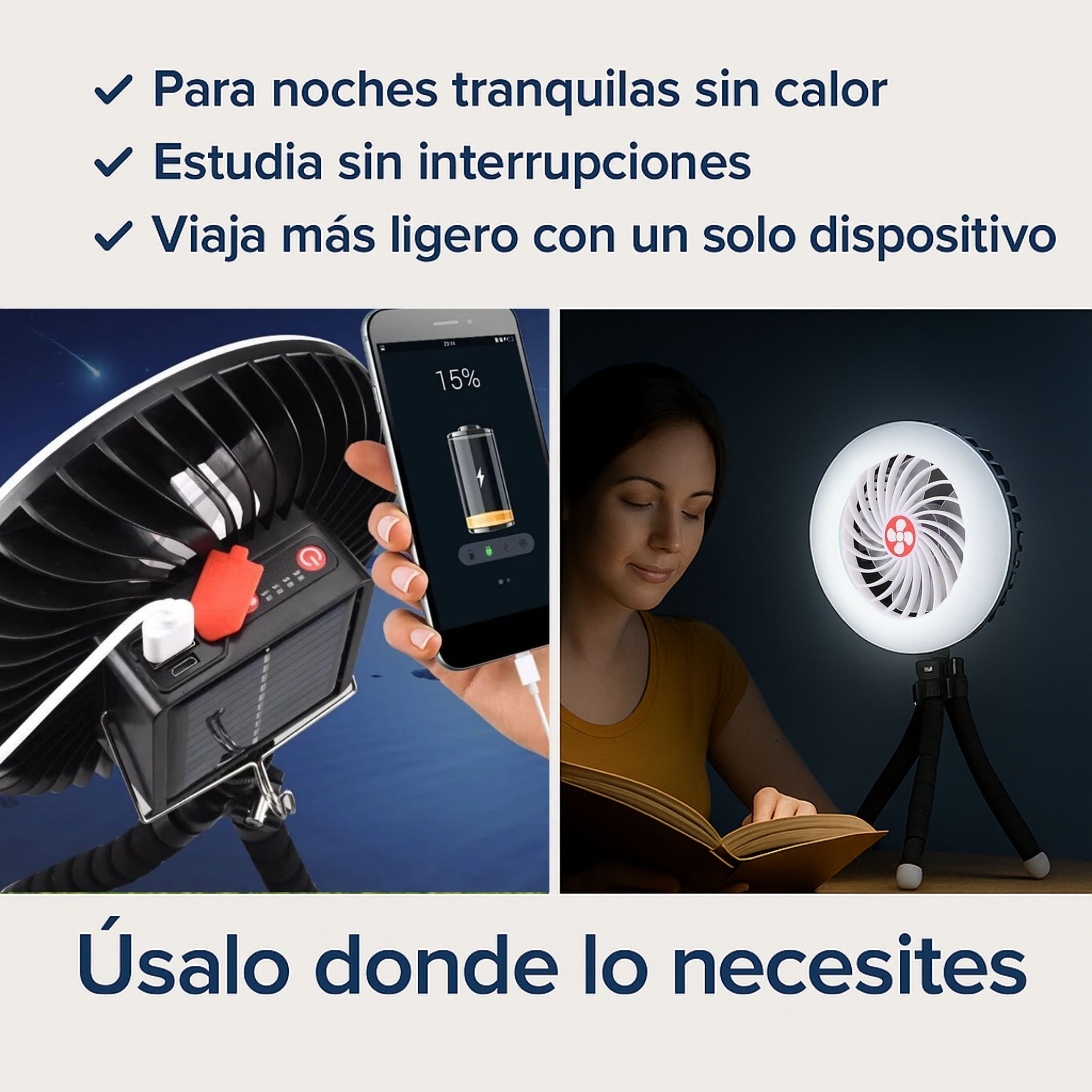 Foto 7 pulgar | Ventilador Lámpara Led Recargable Solar Portátil Con Power Bank 1200mah – 3 Velocidades Y Gancho Para Camping
