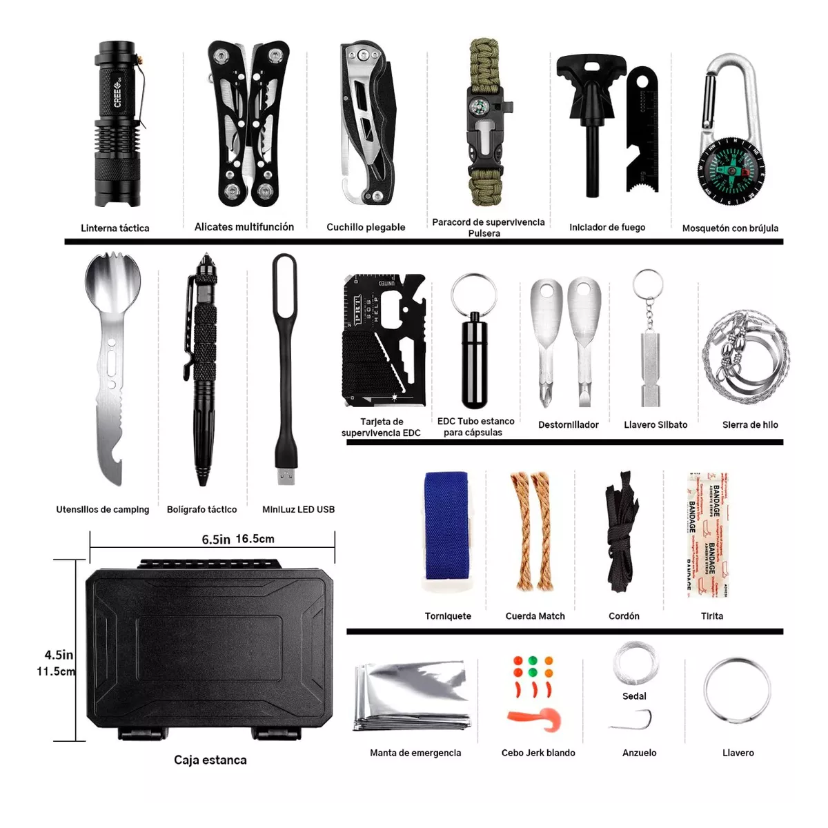 Foto 3 pulgar | Kit De Supervivencia De Accesorios Para Camping 60 En1 Eo Safe Imports Esi-16853 Negro