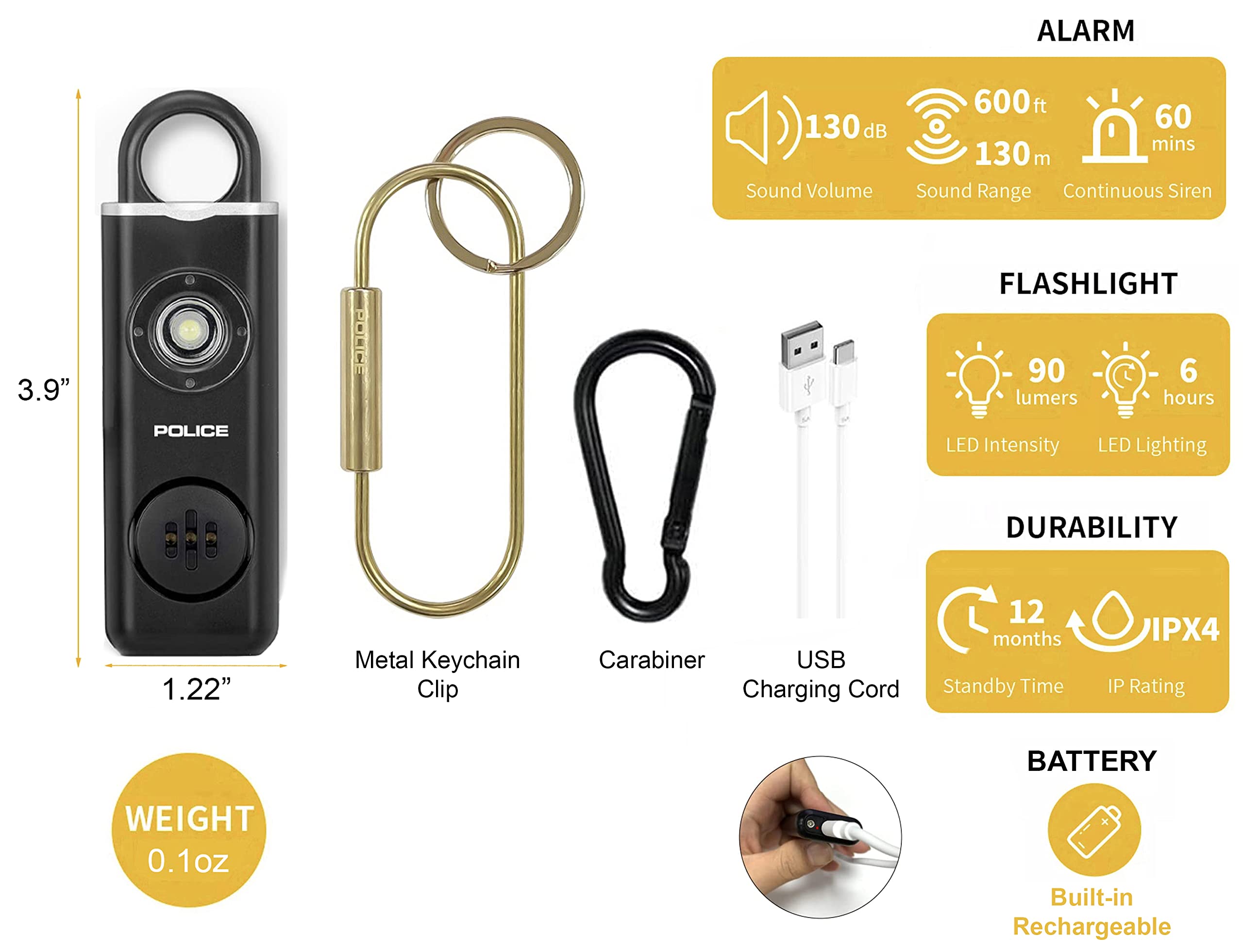 Foto 7 pulgar | Llavero De Alarma Personal Police, 130 Db, Sirena, Linterna Led - Venta Internacional.