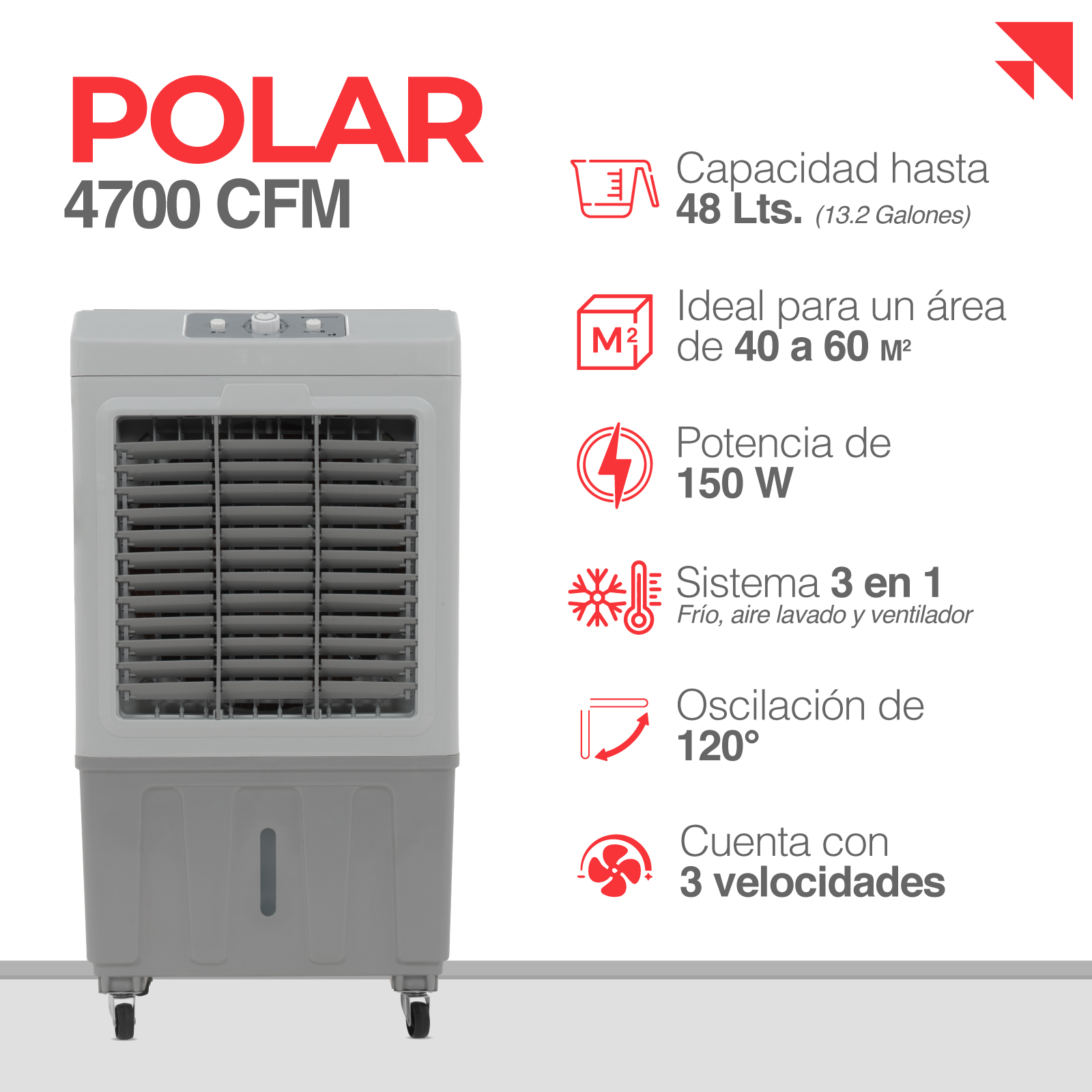 Foto 3 pulgar | Enfriador De Aire 3 En 1 Polar-14700cfm Aire Lavado Portátil 3 Velocidades Capacidad 80l P/ 70 A 100 M2 Color Blanco G