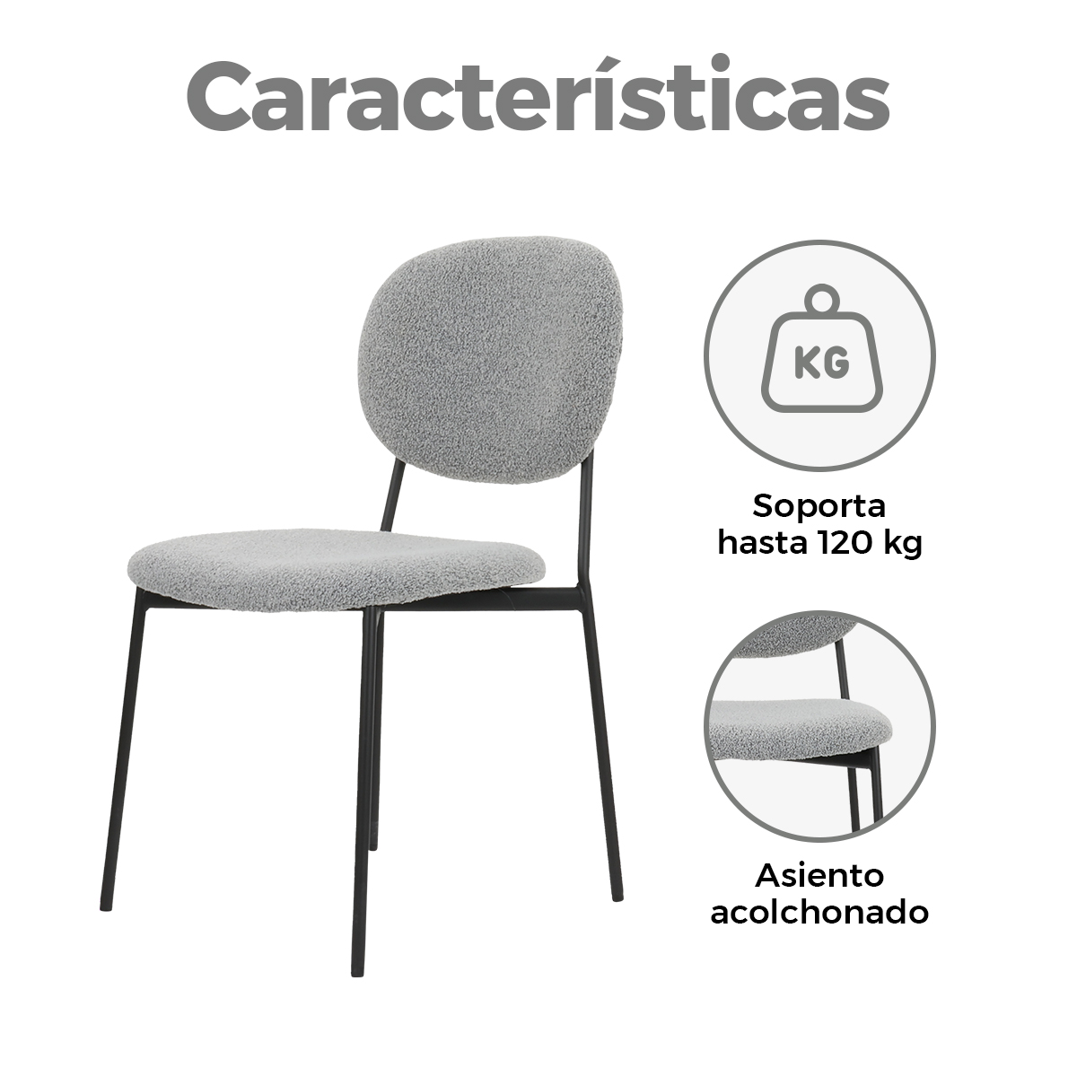 Foto 4 pulgar | Silla para Comedor Bouclé Gl-0010 Gaon Legacy Gris Elegante Set 4
