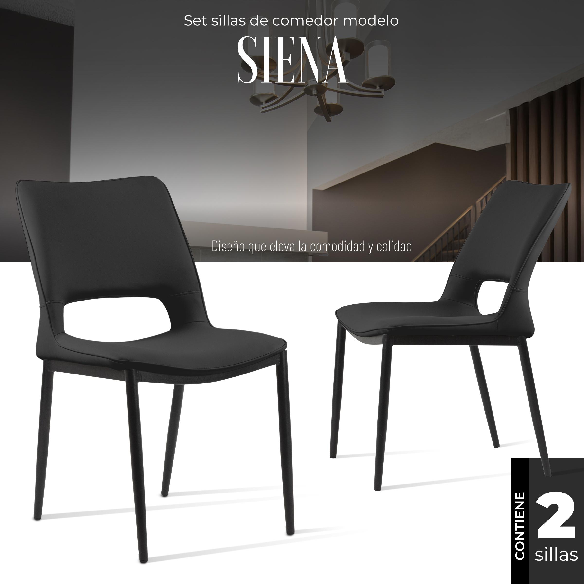 Foto 3 pulgar | Set Sillas De Comedor Siena Minimalistas Modernas 2 Unidades (negro)