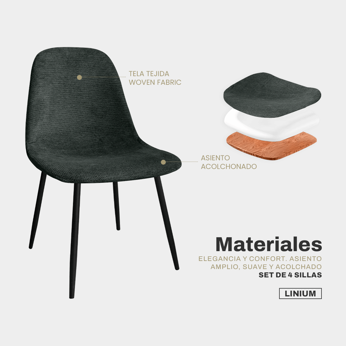 Foto 4 pulgar | Set 4 Silla Comedor Linium Tela Acolchonada Elegante Premium Color Gris