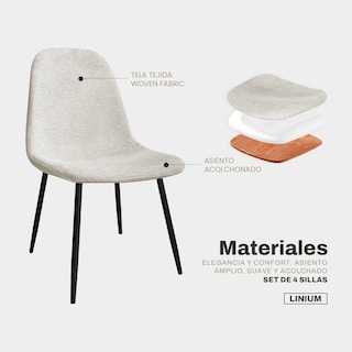 Foto 3 | Set 4 Silla Comedor Linium Tela Acolchonada Elegante Premium Color Perla