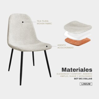 Foto 4 | Set De 2 Silla Comedor Linium Tela Acolchonada Elegante Premium Color Perla