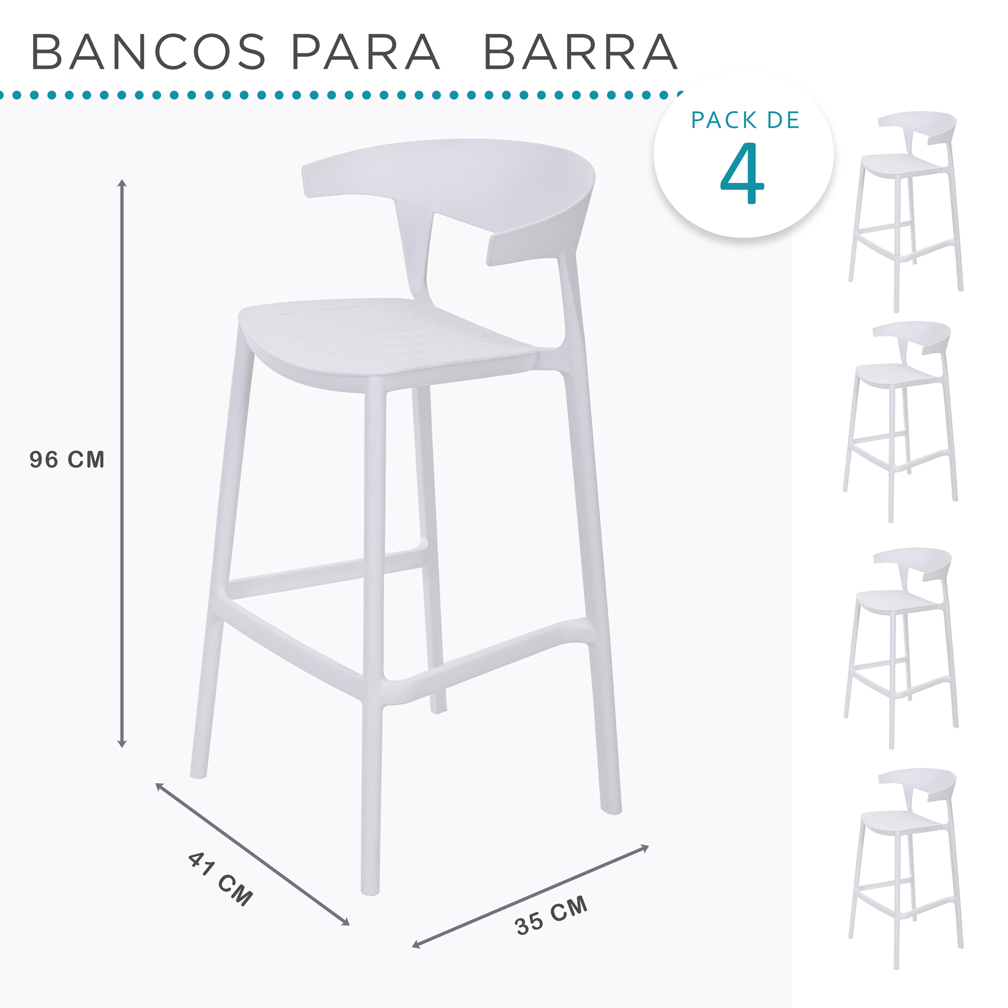 Foto 9 pulgar | Set 4 Bancos con Respaldo Plástico Blancos