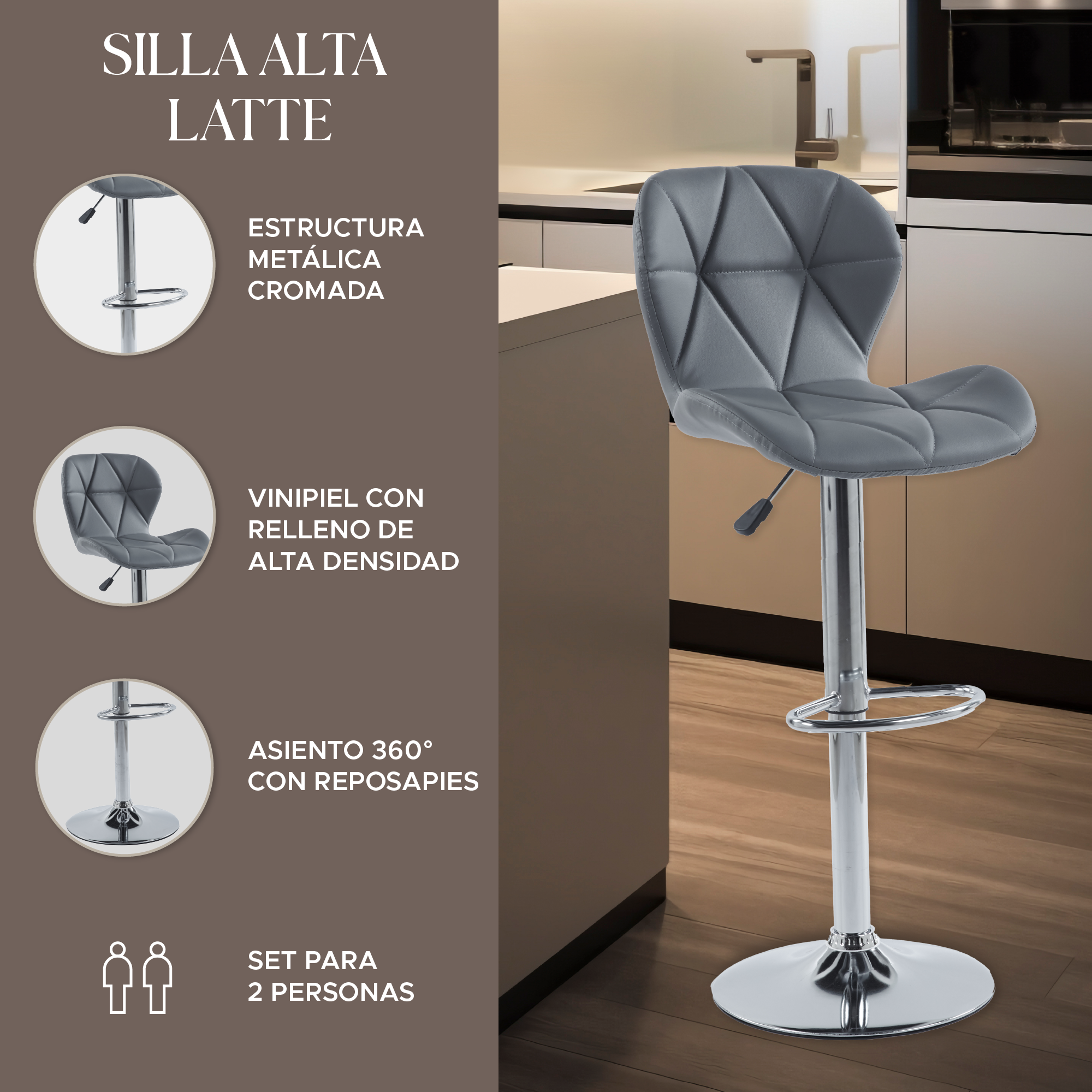 Foto 2 | Set de 2 Sillas Altas Latte Grises Diseño Elegante y Confortable