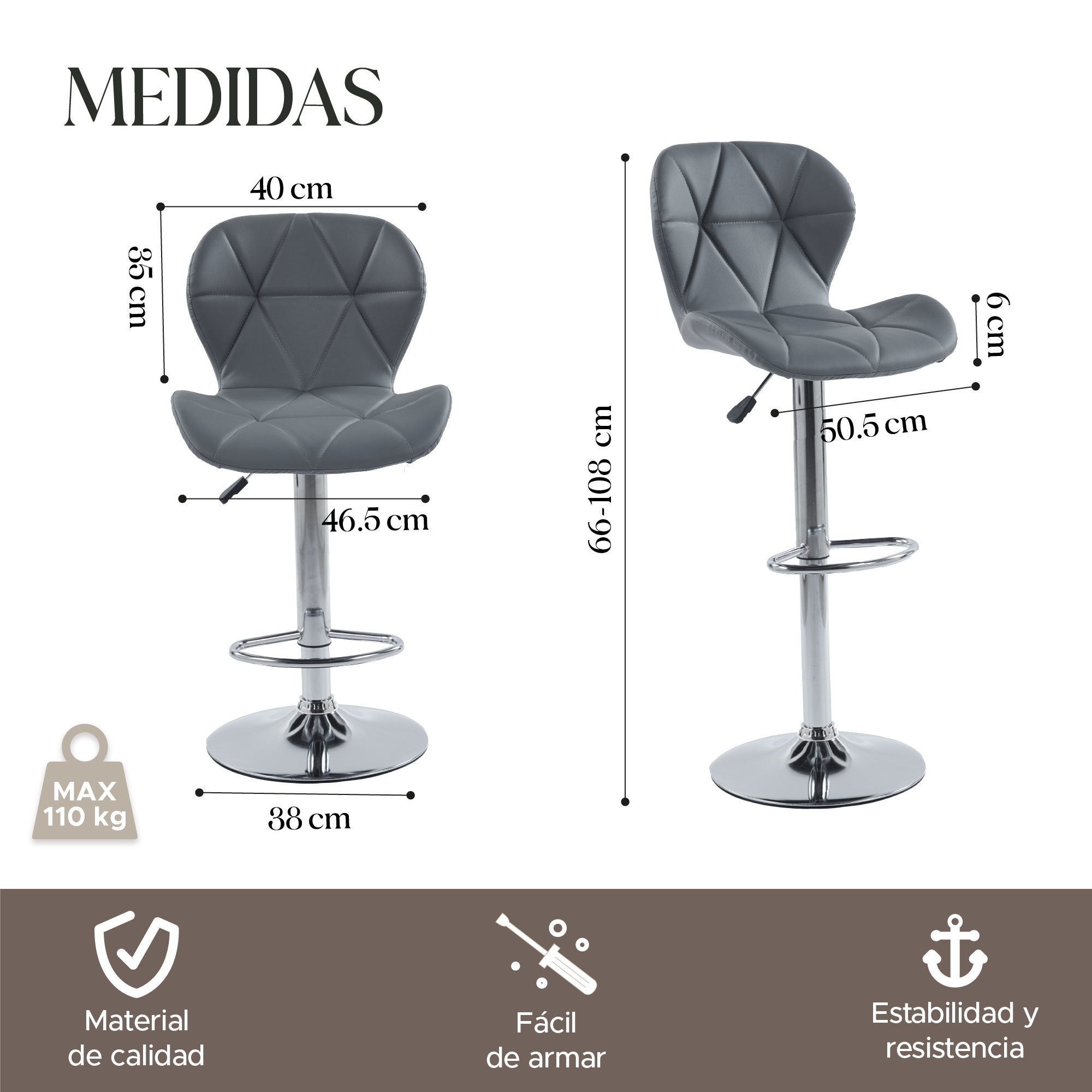 Foto 4 pulgar | Set de 2 Sillas Altas Latte Grises Diseño Elegante y Confortable