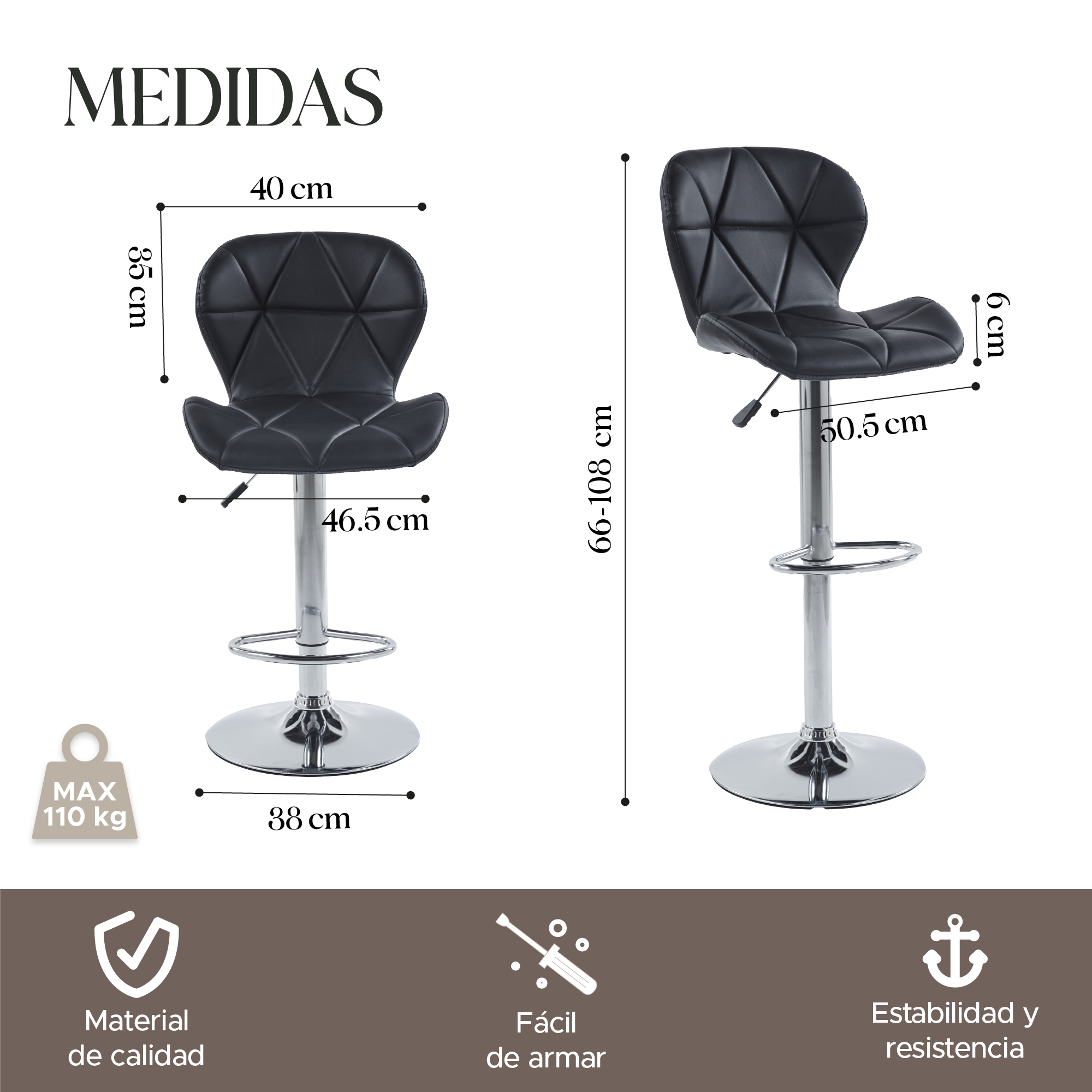 Foto 4 pulgar | Set de 2 Sillas Altas Latte Negros Diseño Elegante y Confortable