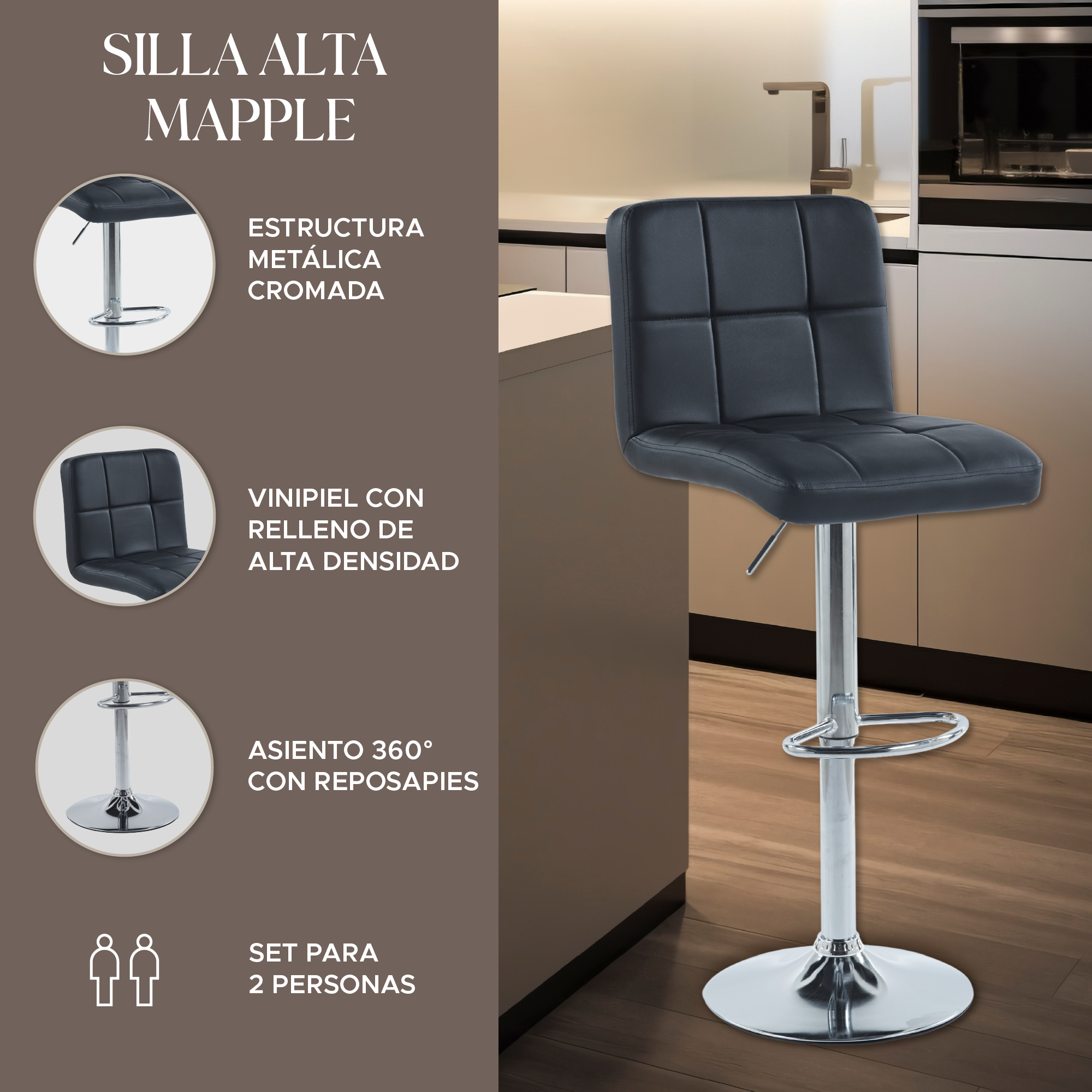Foto 2 | Set de 2 Sillas Altas Maple Negros Estilo Moderno y Elegante