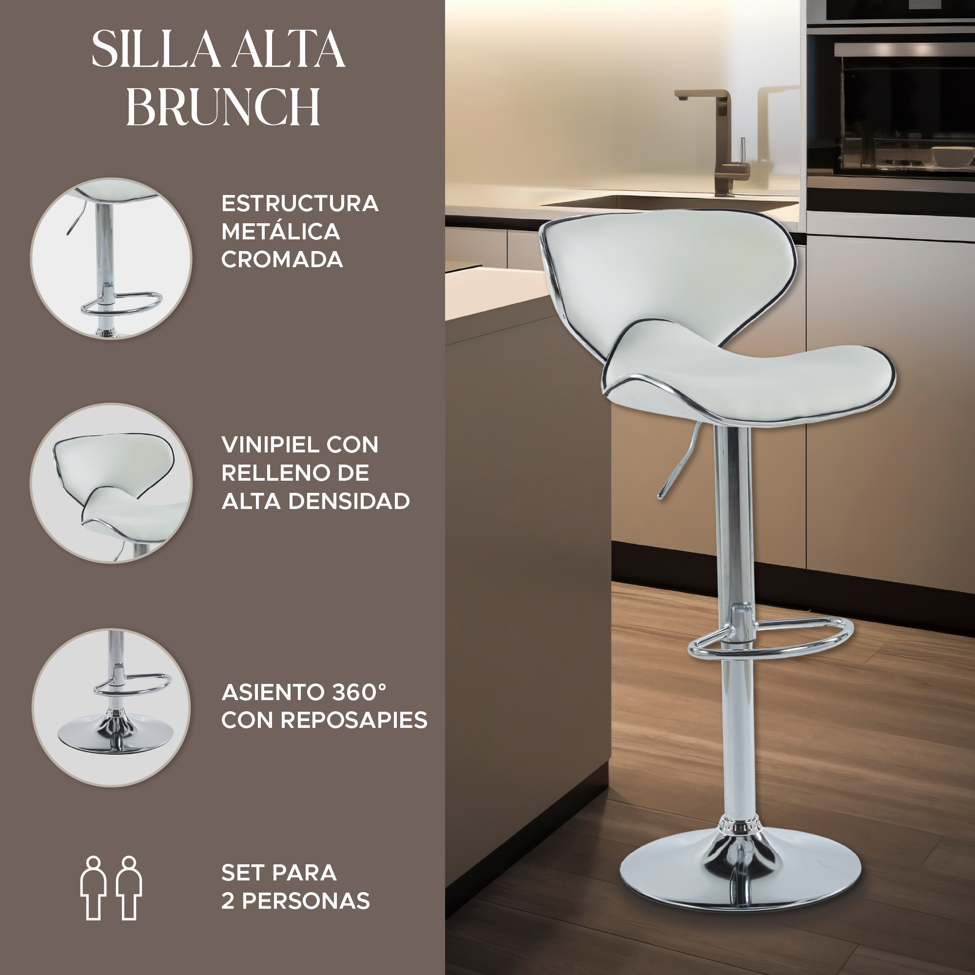 Foto 2 | Set de 2 Sillas Altas Brunch Blancos Modernas y Elegantes