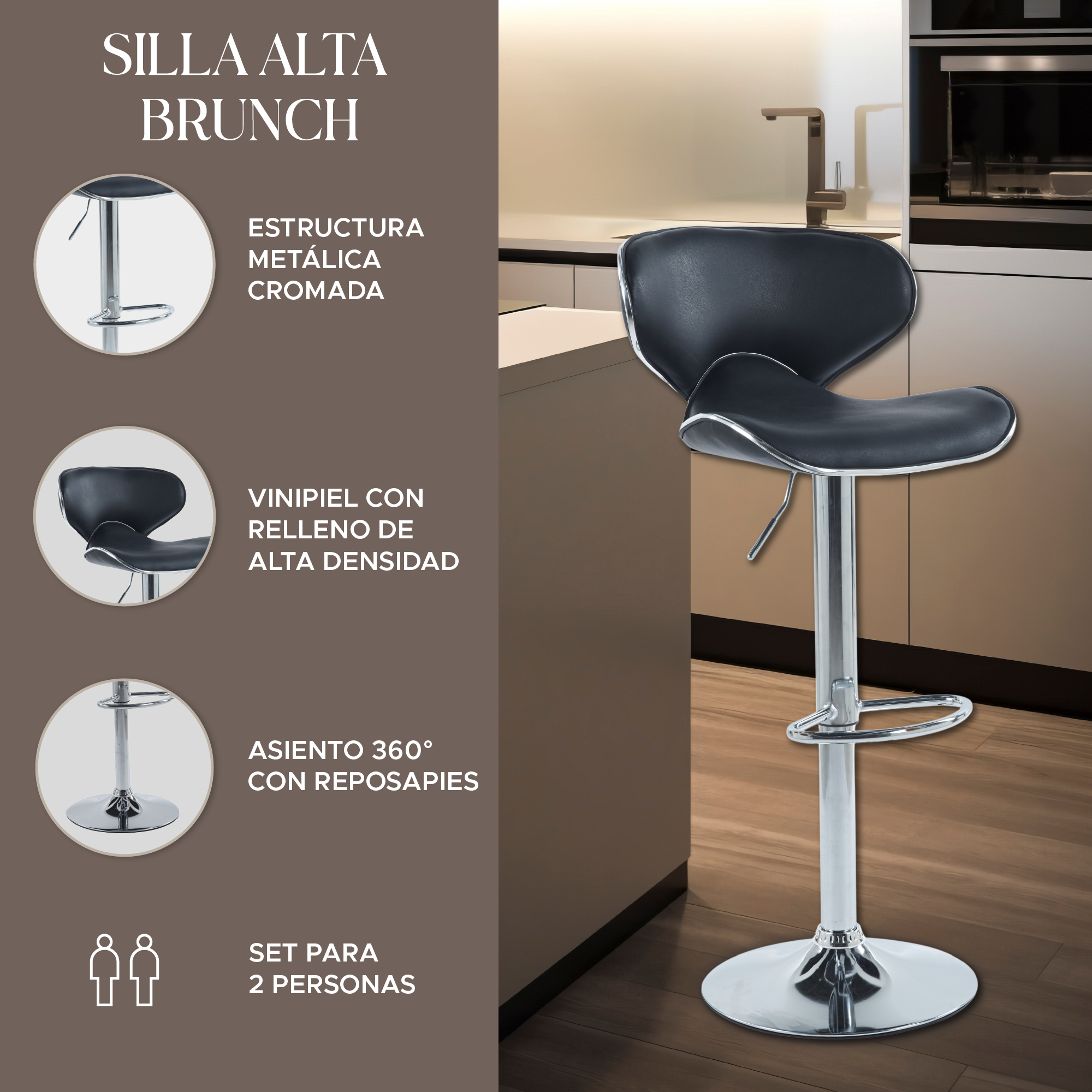 Foto 2 | Set de 2 Sillas Altas Brunch Negro Modernas y Elegantes