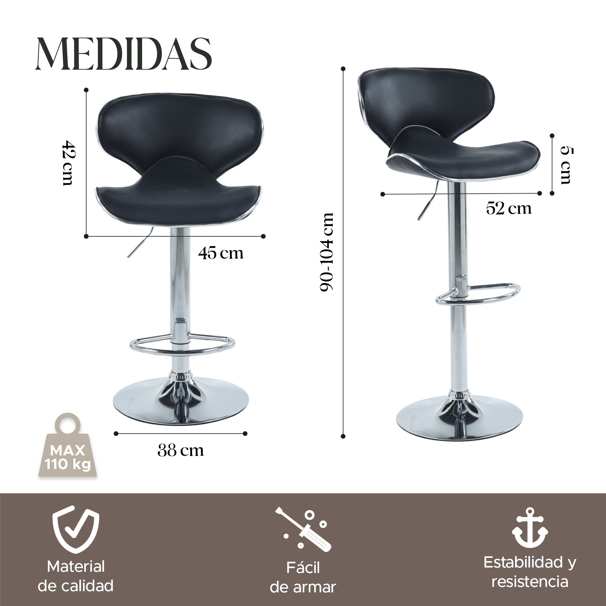 Foto 4 pulgar | Set de 2 Sillas Altas Brunch Negro Modernas y Elegantes