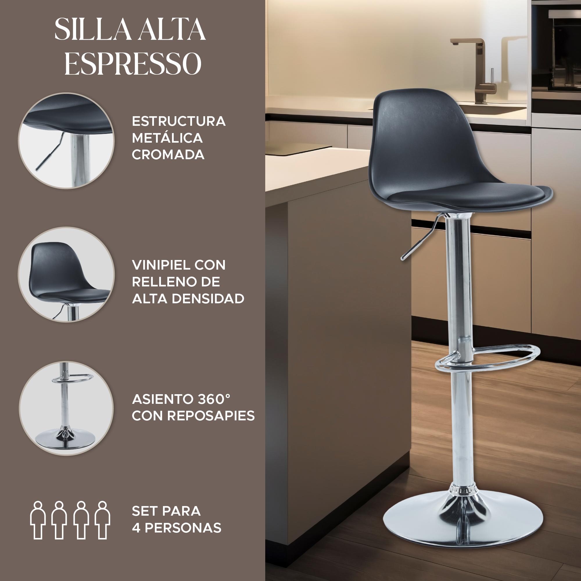 Foto 2 | Set de 4 Sillas Altas Elegantes Espresso Negros Diseño Moderno y Sofisticado