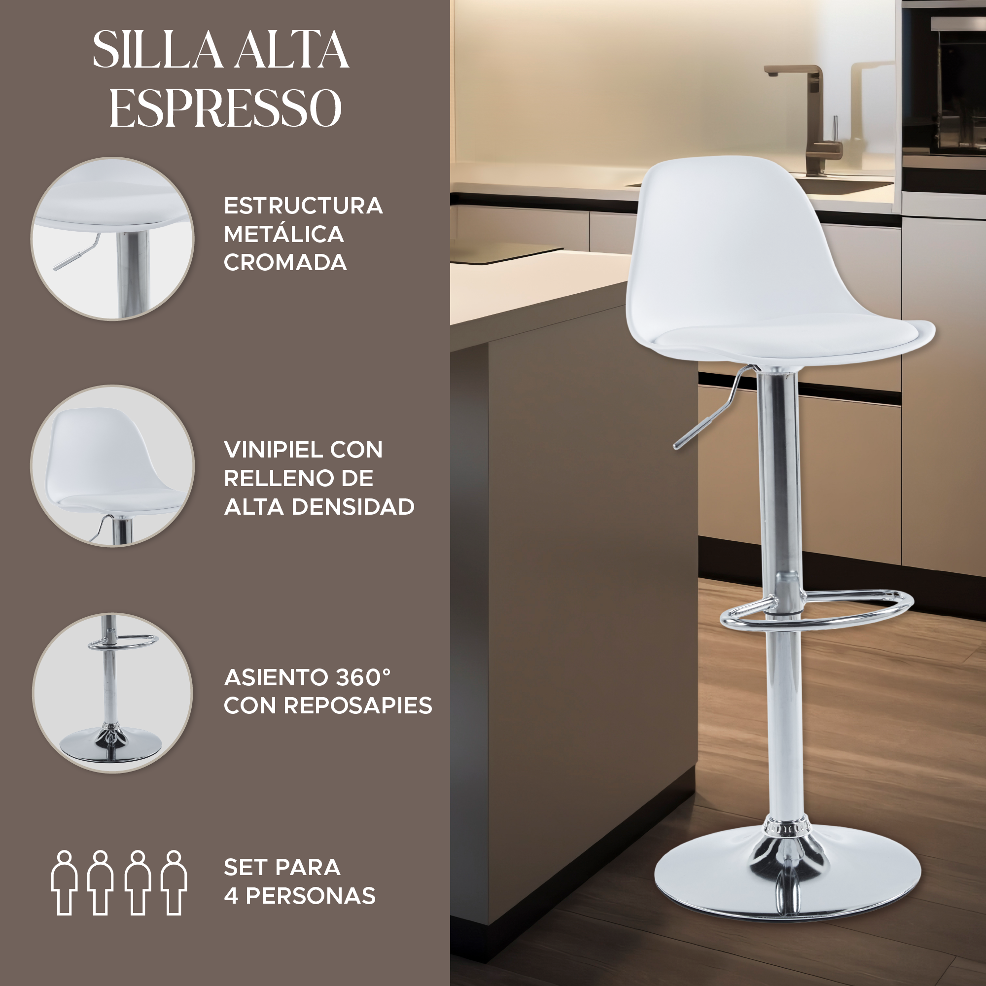 Foto 2 | Set de 4 Sillas Altas Elegantes Espresso Blancos Diseño Moderno y Sofisticado