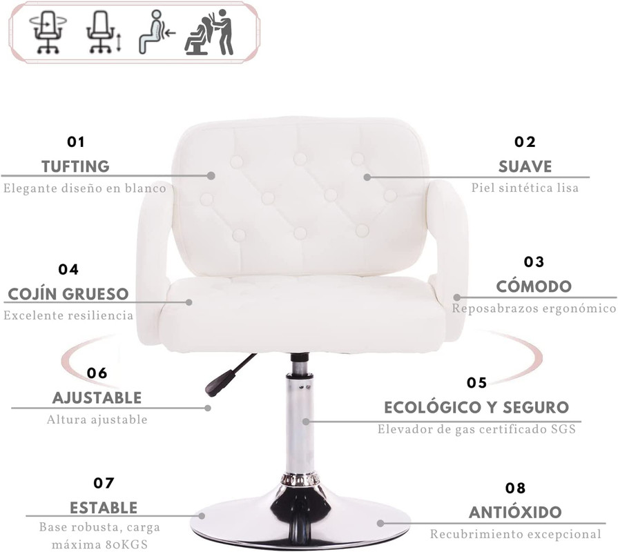 Foto 6 pulgar | Silla De Tocador Contemporánea De Altura Ajustable Blanco Gomyhome