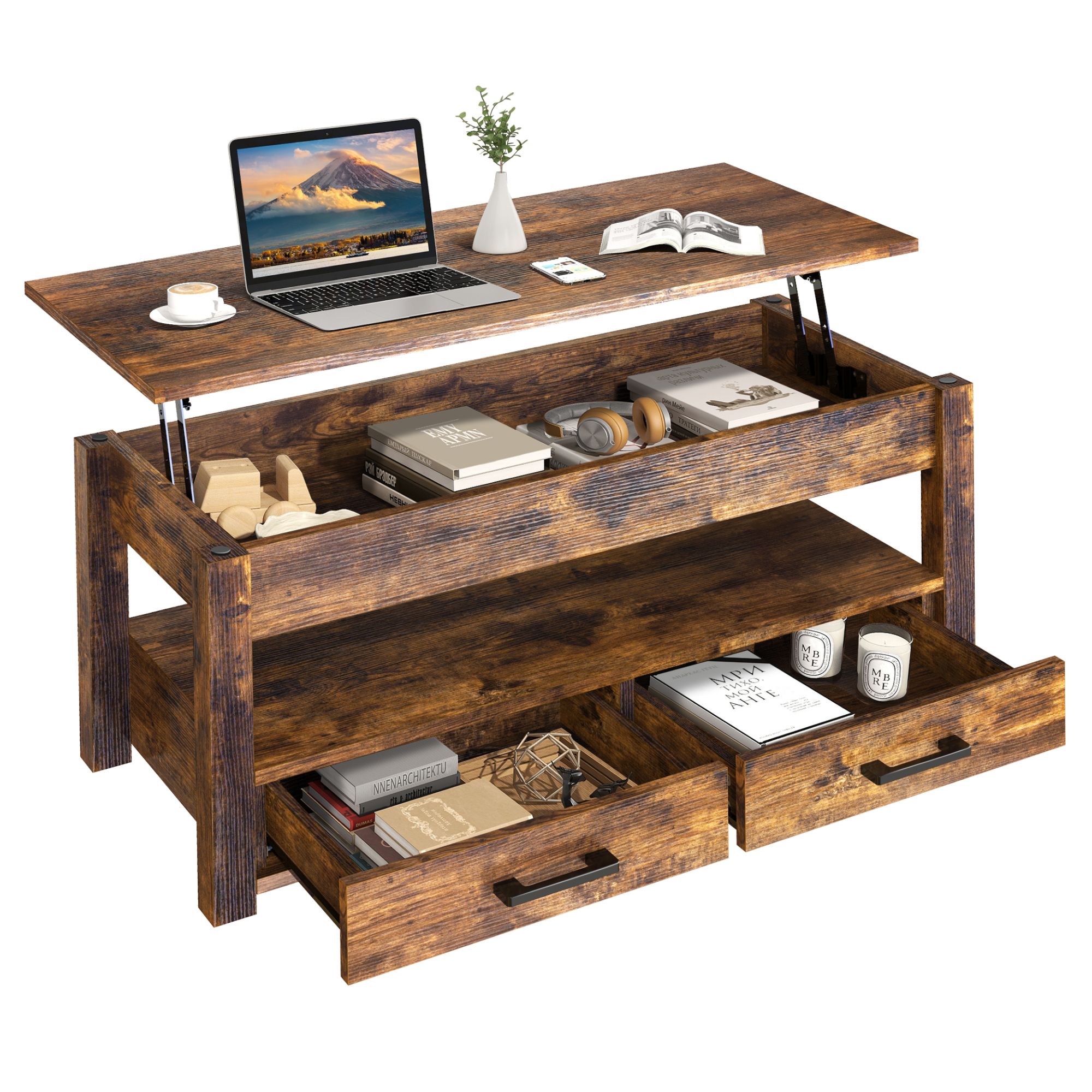 Foto 1 | Mesa de Centro Fabato Fa1792-brn de Madera Rustica Elevable 2 Cajones Abatible
