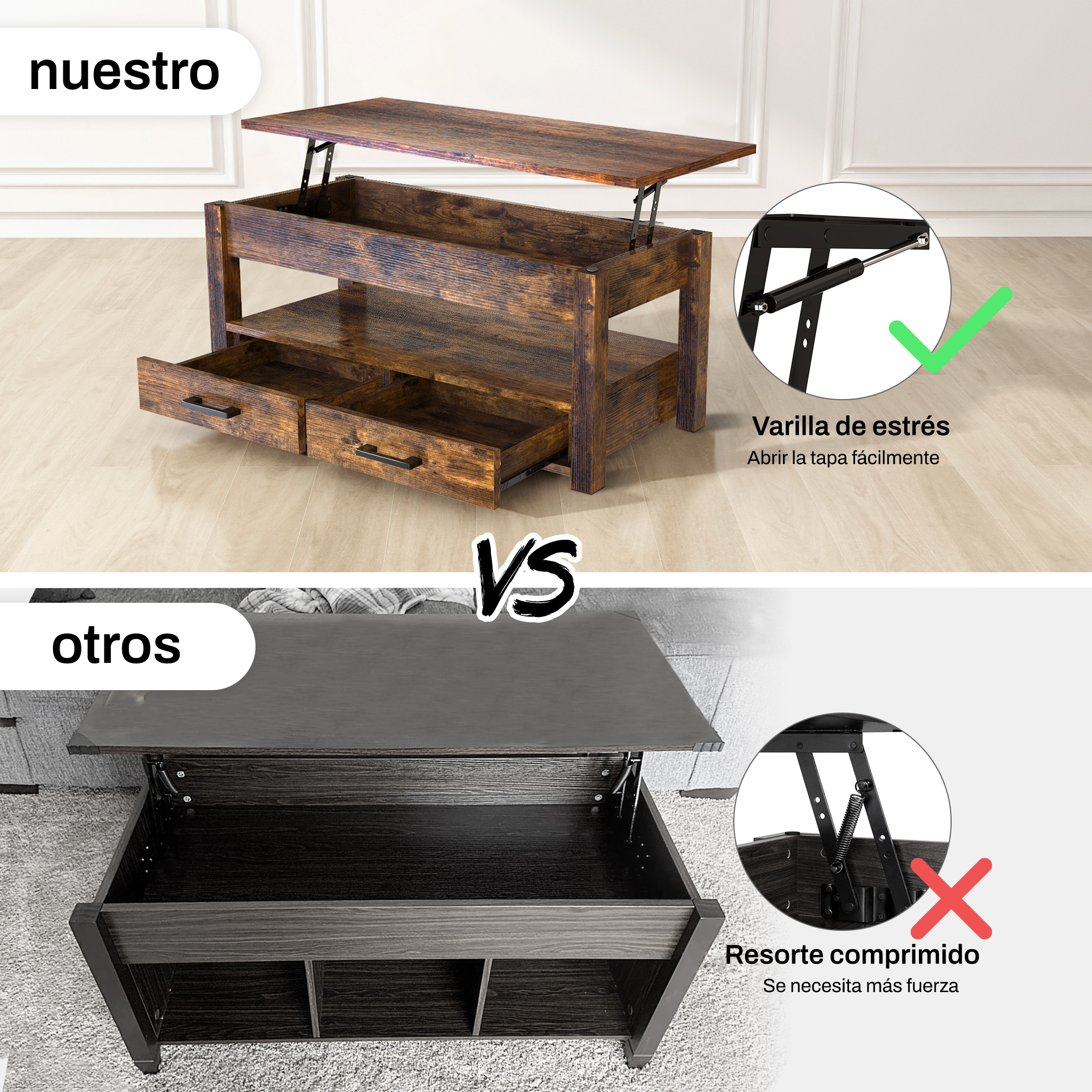 Foto 4 | Mesa de Centro Fabato Fa1792-brn de Madera Rustica Elevable 2 Cajones Abatible