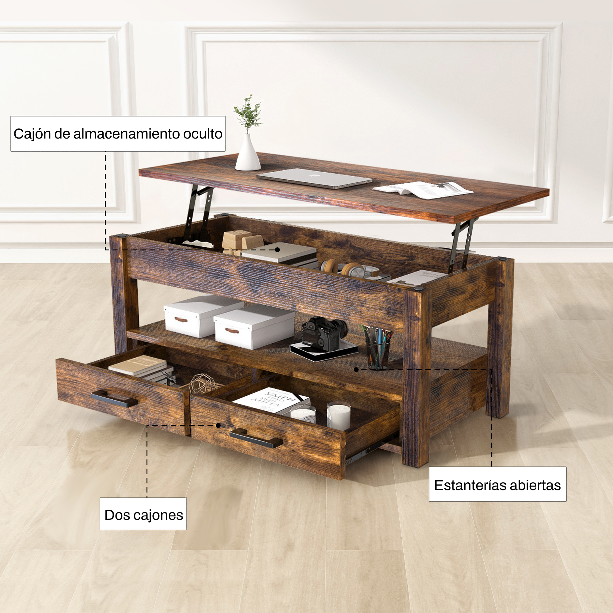 Foto 5 | Mesa de Centro Fabato Fa1792-brn de Madera Rustica Elevable 2 Cajones Abatible