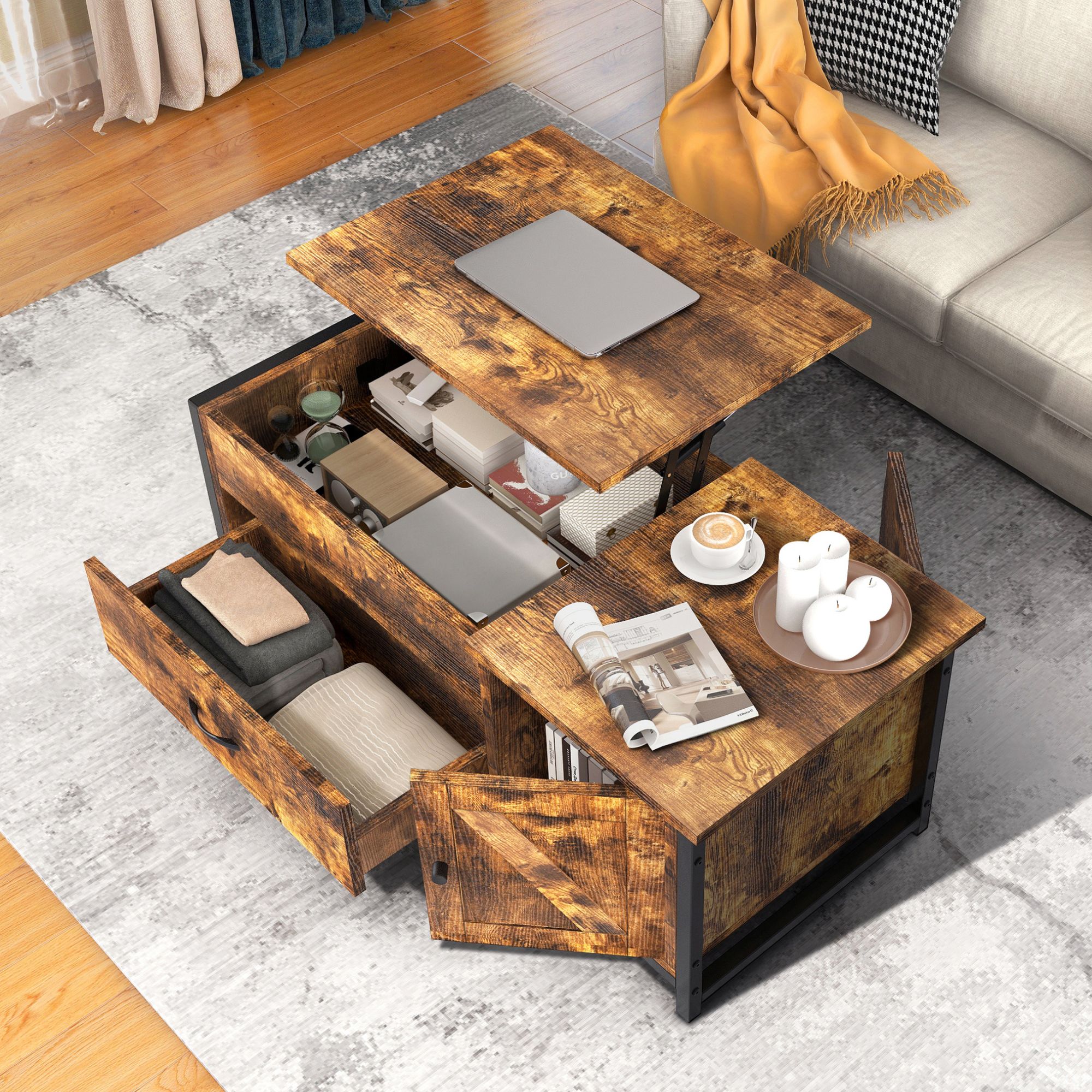 Foto 7 pulgar | Mesa de Centro Fabato Fa1792-brn de Madera Rustica Elevable 2 Cajones Abatible