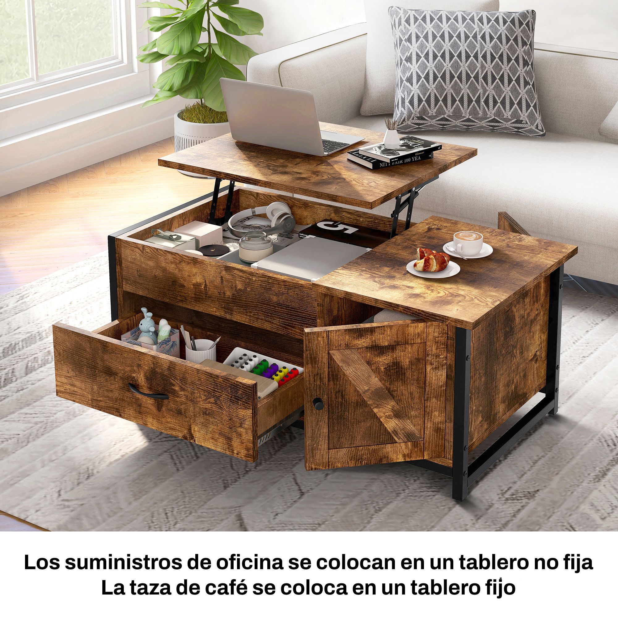 Foto 7 | Mesa de Centro Fabato Fa1792-brn de Madera Rustica Elevable 2 Cajones Abatible