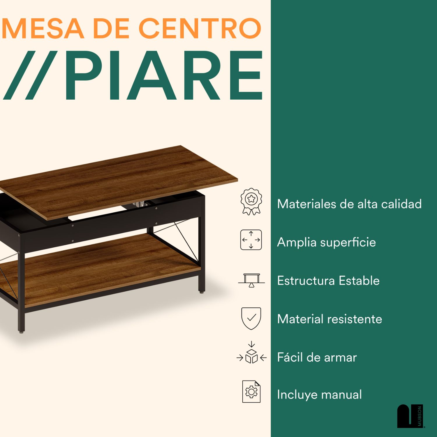Foto 3 pulgar | Mesa de Centro Mubson Compartimiento Plegable Piare