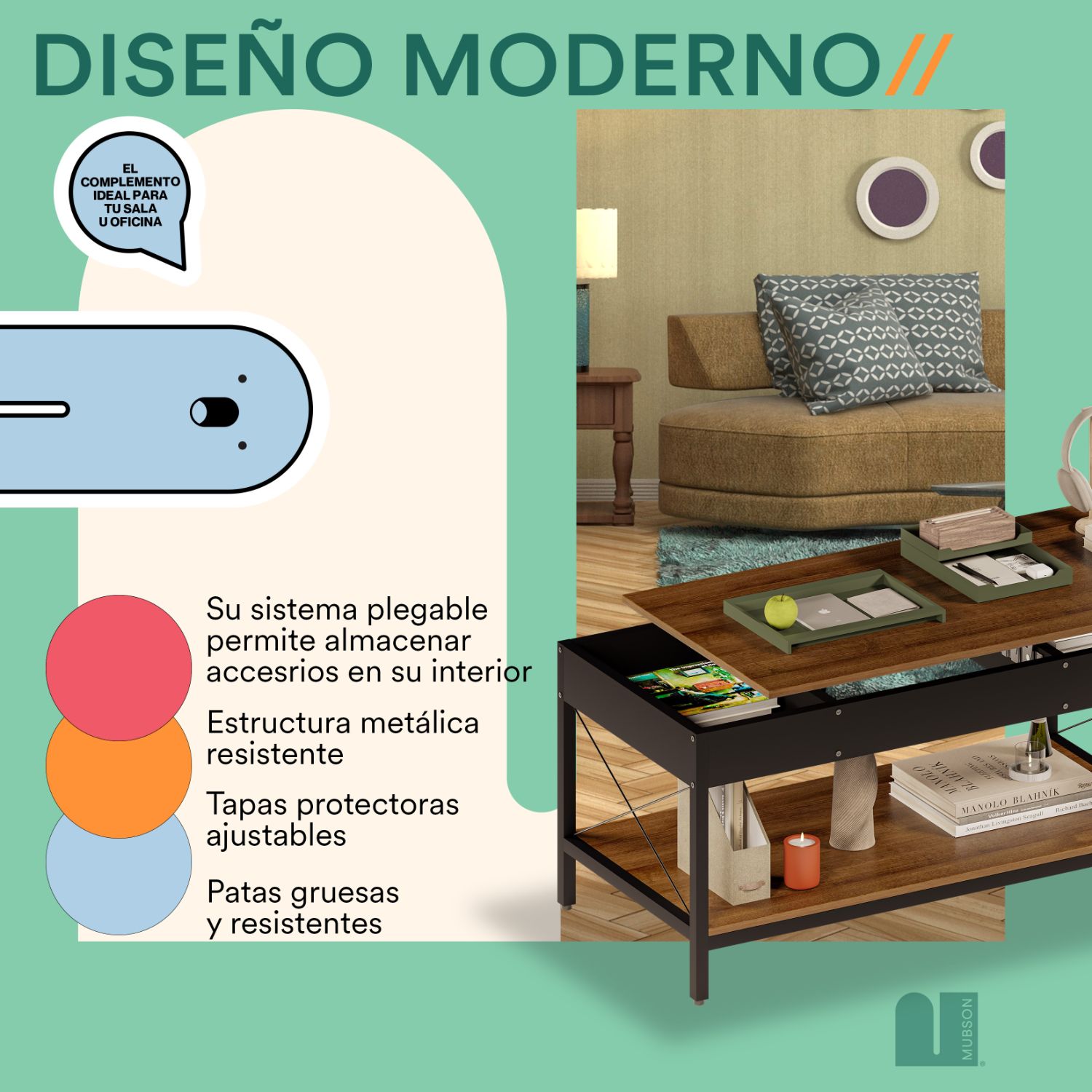 Foto 5 pulgar | Mesa de Centro Mubson Compartimiento Plegable Piare