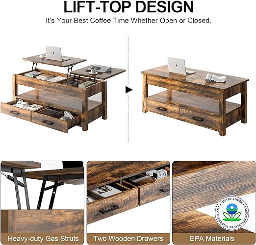 Foto 6 | Mesa de Centro Fabato de Madera Rústica 2 Elevables 2 Cajones Abatible