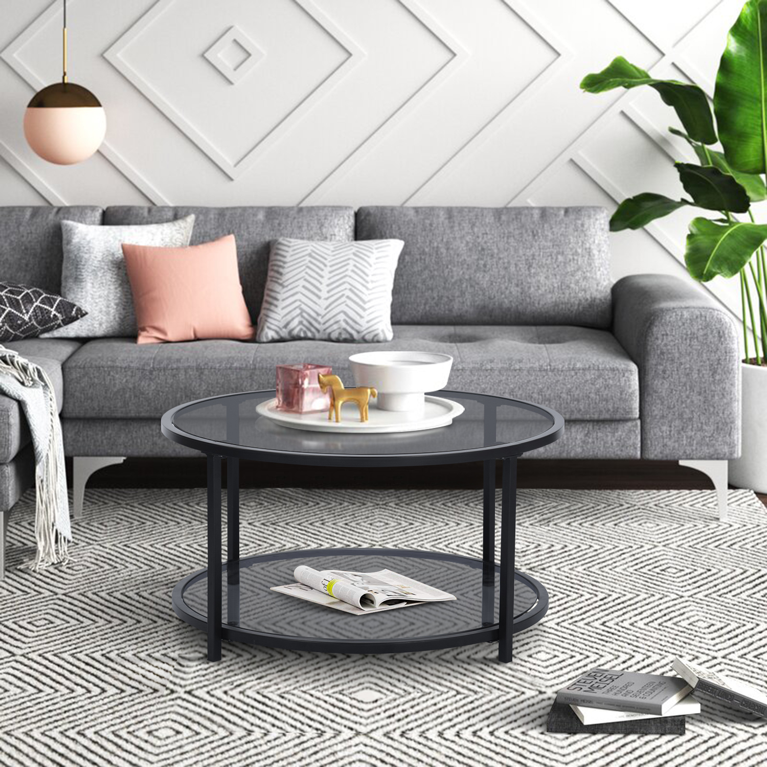 Foto 4 | Mesa de Centro Redonda de Cristal Homemake Neka Gris y Negro