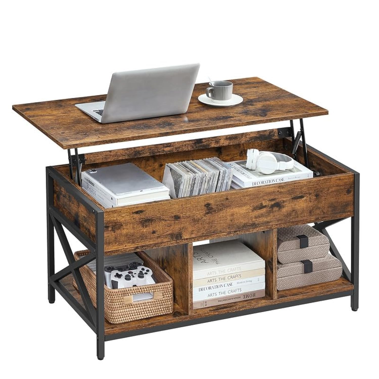 Mesa De Café Vasagle Con Tapa Elevable Con Almacenamiento Rústico Marrón/negro $2,377