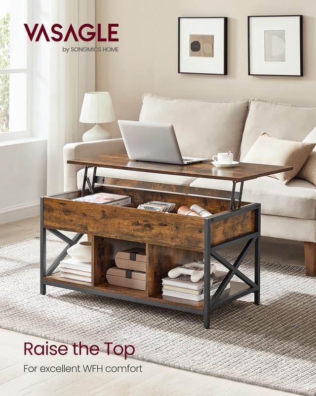 Foto 3 pulgar | Mesa De Café Vasagle Con Tapa Elevable Con Almacenamiento Rústico Marrón/negro