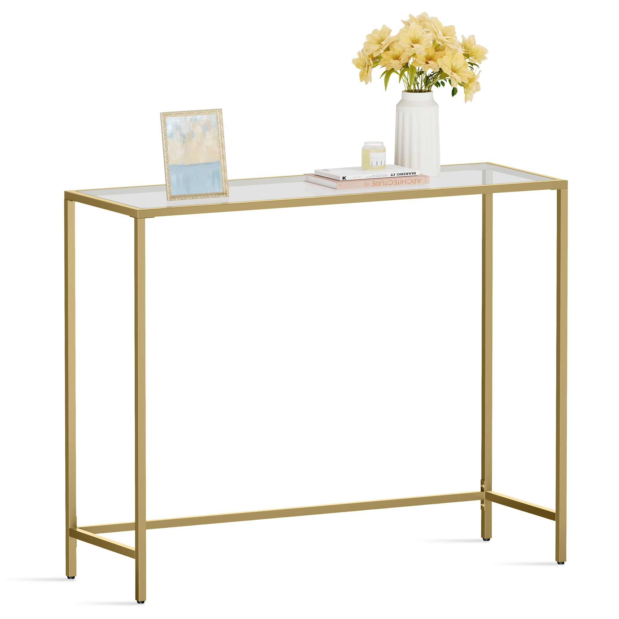 Mesa Consola Vasagle Con Estructura Metálica De Vidrio Templado De 100 Cm, Color Dorado