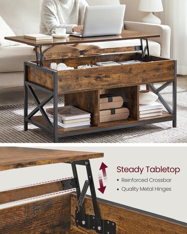 Foto 6 pulgar | Mesa De Café Vasagle Con Tapa Elevable Con Almacenamiento Rústico Marrón/negro - Venta Internacional.