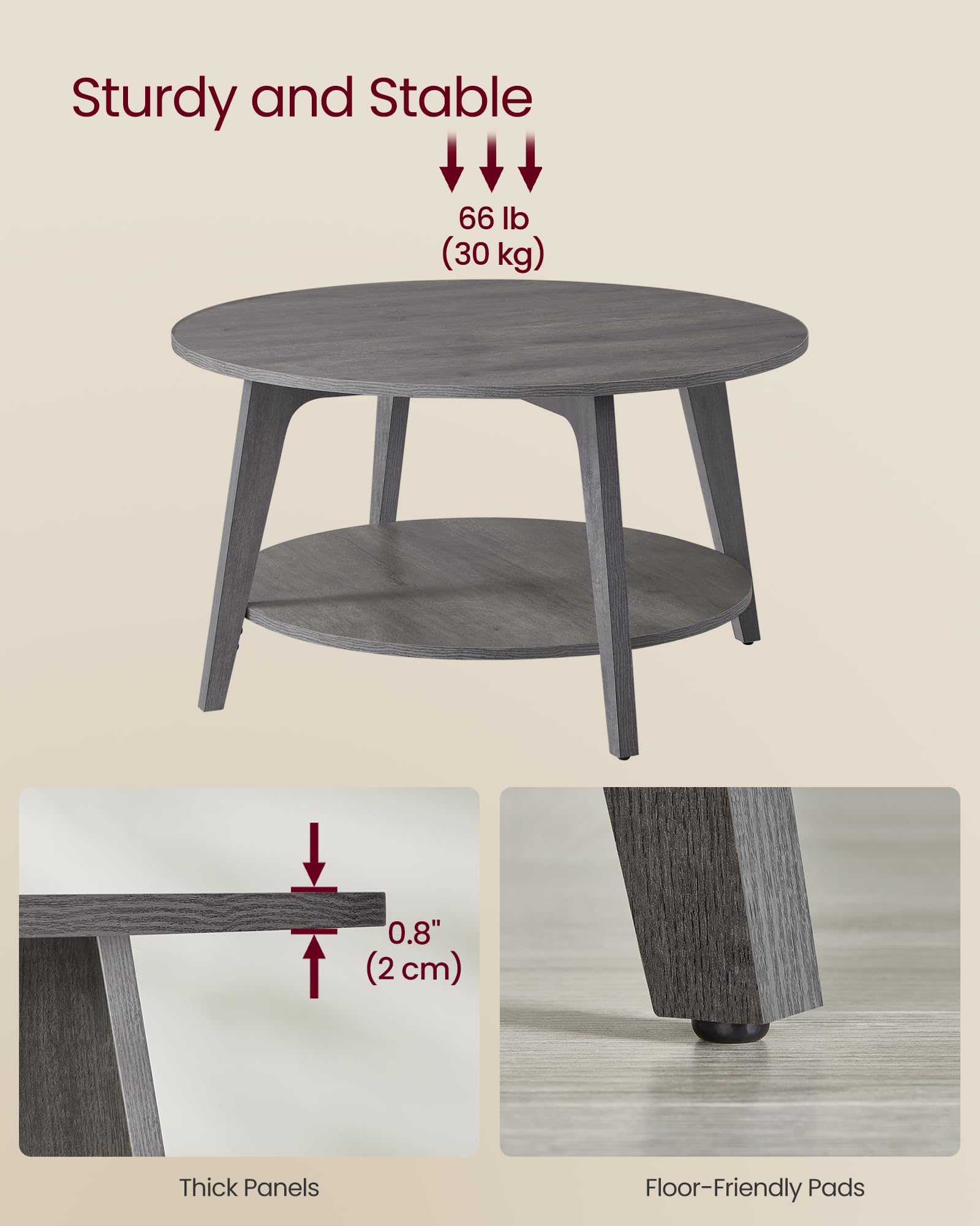 Foto 5 pulgar | Mesa De Café Vasagle Redonda De 2 Niveles Con Almacenamiento, 80 Cm, Color Gris Brumoso - Venta Internacional.