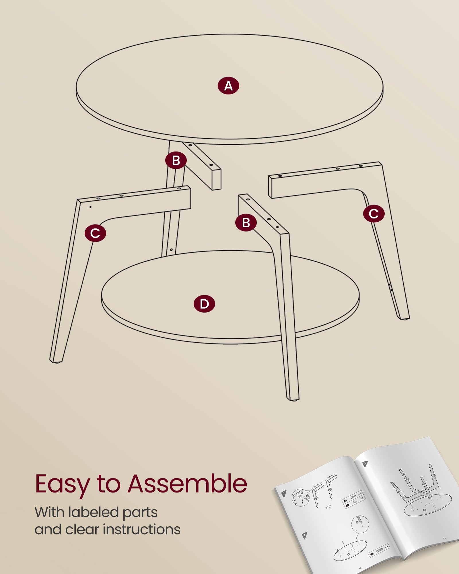 Foto 7 | Mesa De Café Vasagle Redonda De 2 Niveles Con Almacenamiento, 80 Cm, Color Gris Brumoso - Venta Internacional.