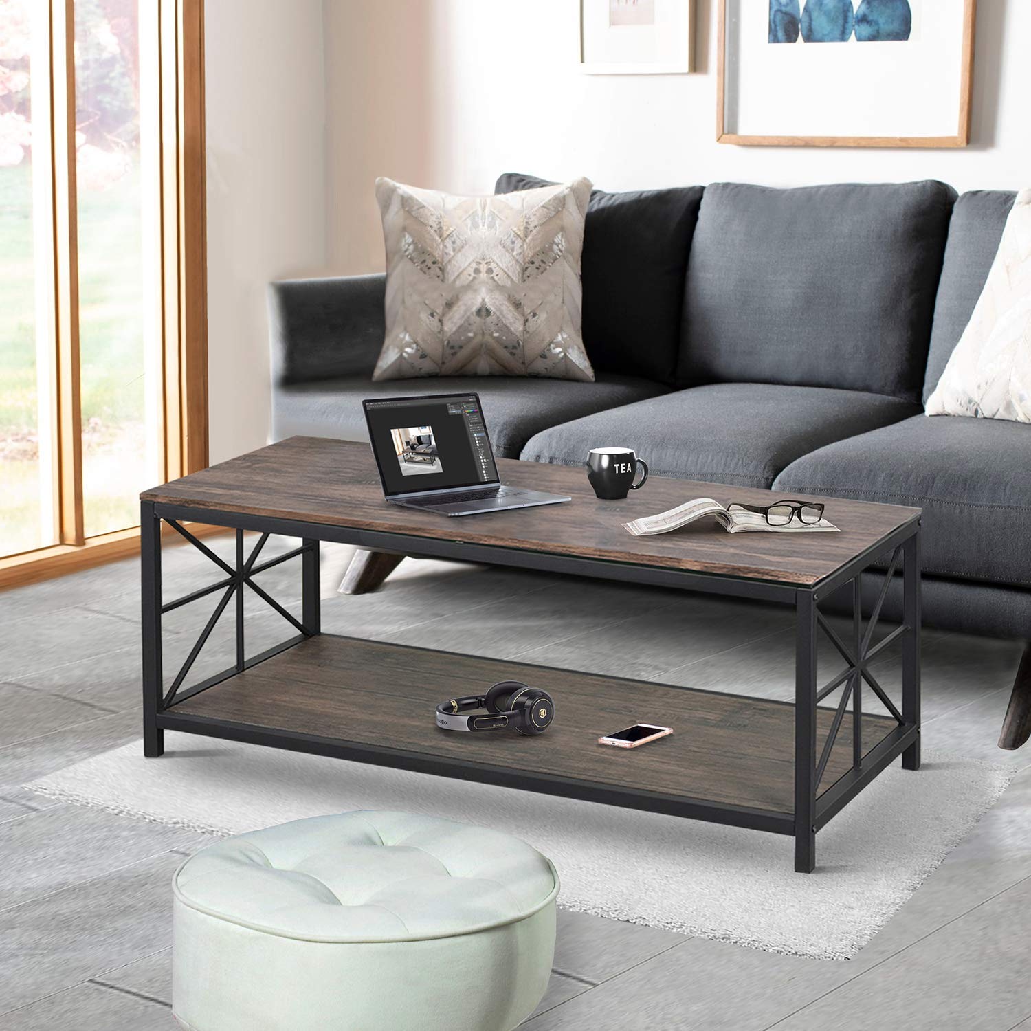 Foto 2 | Mesa De Centro Furniturer Grain Marrón 60 X 110 X 44 Cm