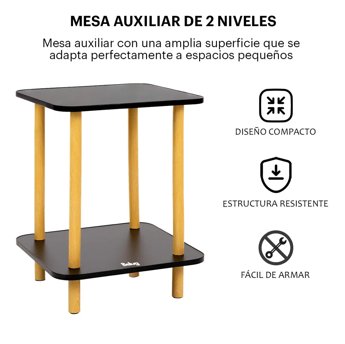 Foto 4 pulgar | Mesa Centro Belug  Minimalista Madera Lateral Doble Repisa 40cm Negro