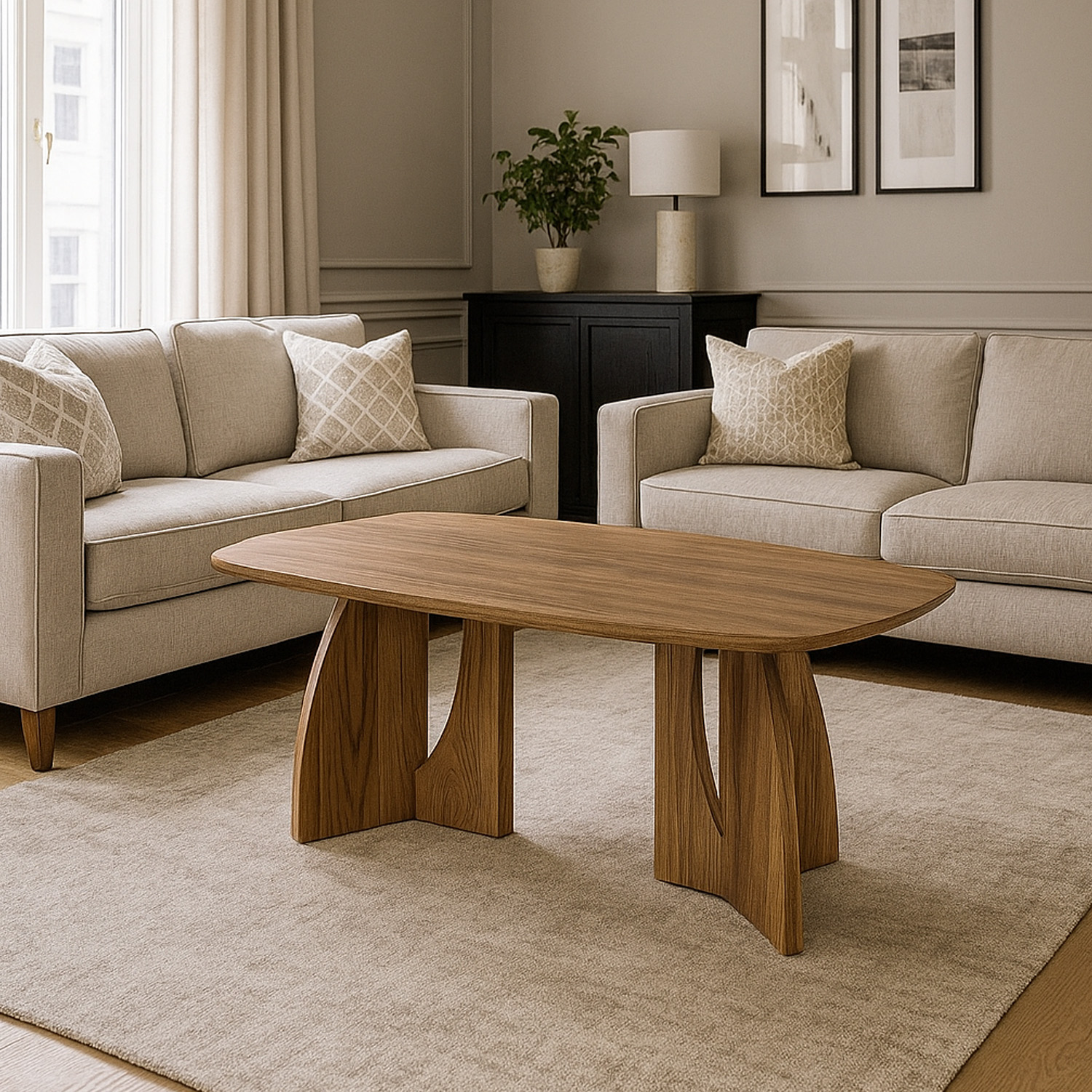 Mesa De Centro Rectangular Con Doble Base Curva De Madera Y Cubierta Veteada – Bossa Zhana