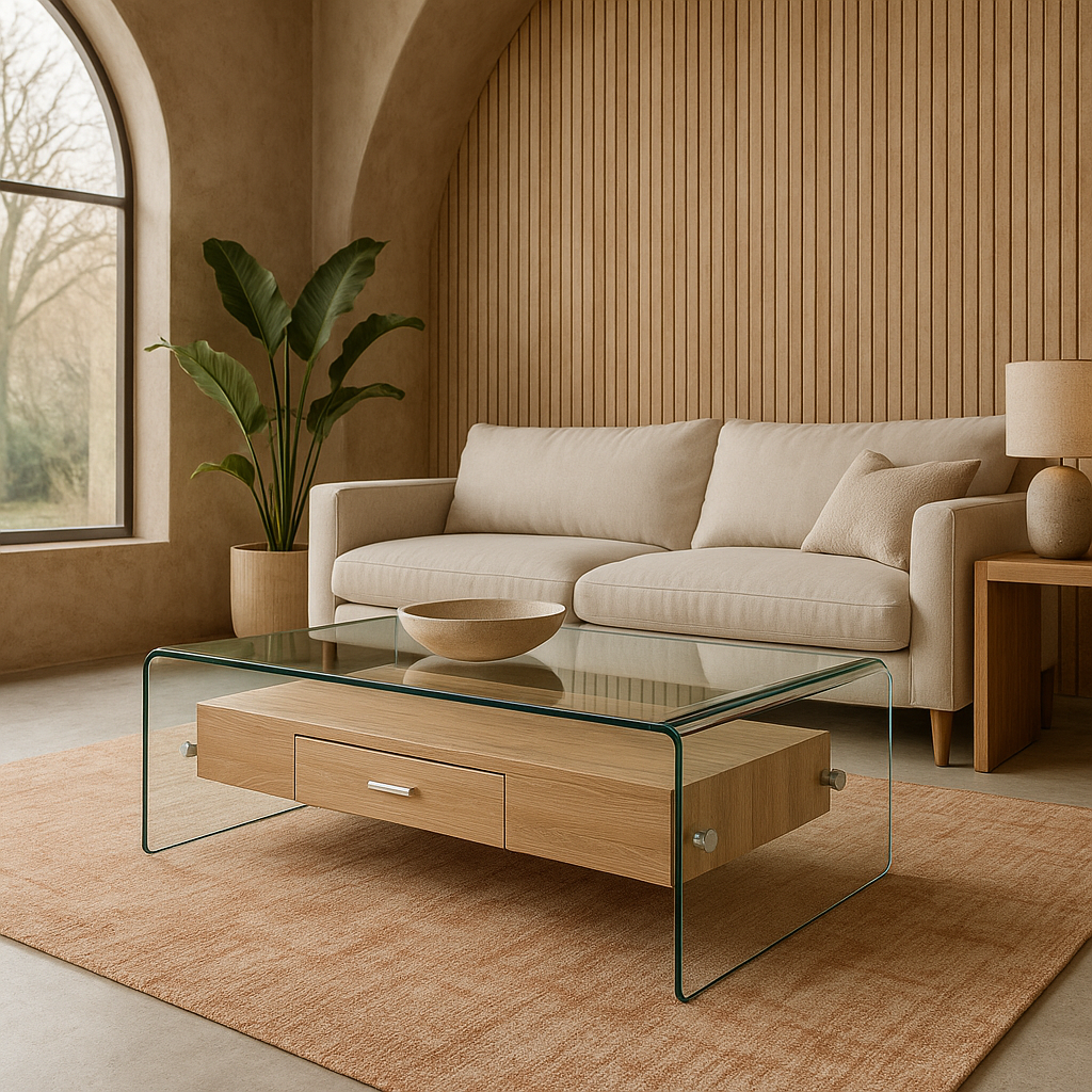 Mesa De Centro Con Estructura De Vidrio Y Cajón Central Integrado En Madera Bossa Skov