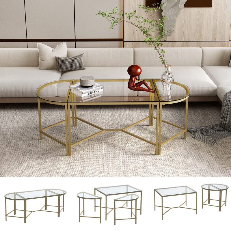 Foto 5 | Juego De 3 Mesas De Centro De Vidrio  125cm Dorado Gomyhome