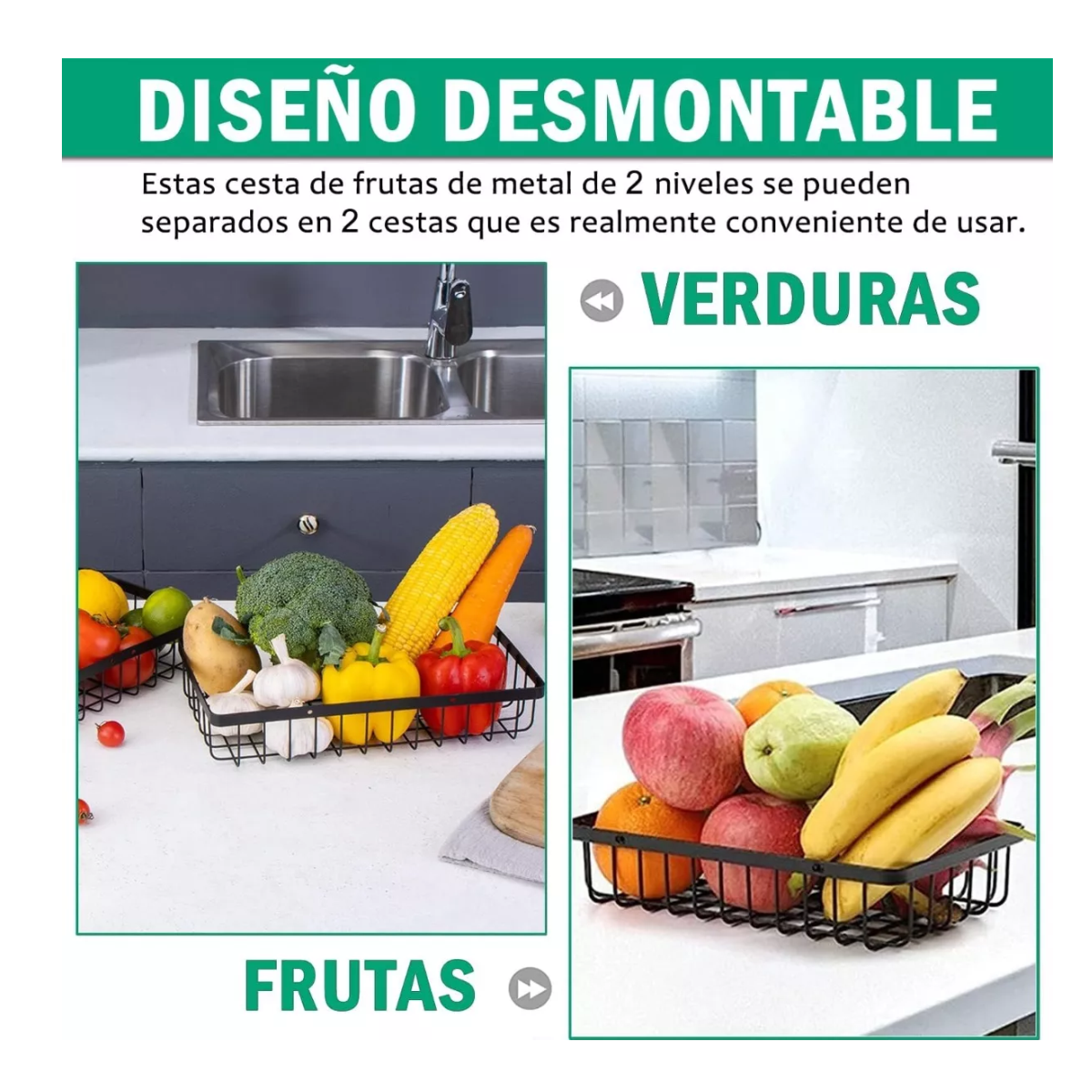 Foto 4 | Cesta De Frutas De Cocina Belug De Metal De 2 Niveles Desmontable Color Negro