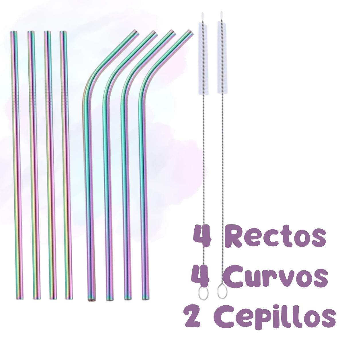 Foto 3 pulgar | 8 Popotes Metálicos Tornasol Acero 30oz + 2 Cepillos