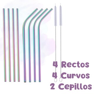 Foto 2 | 8 Popotes Metálicos Tornasol Acero 30oz + 2 Cepillos