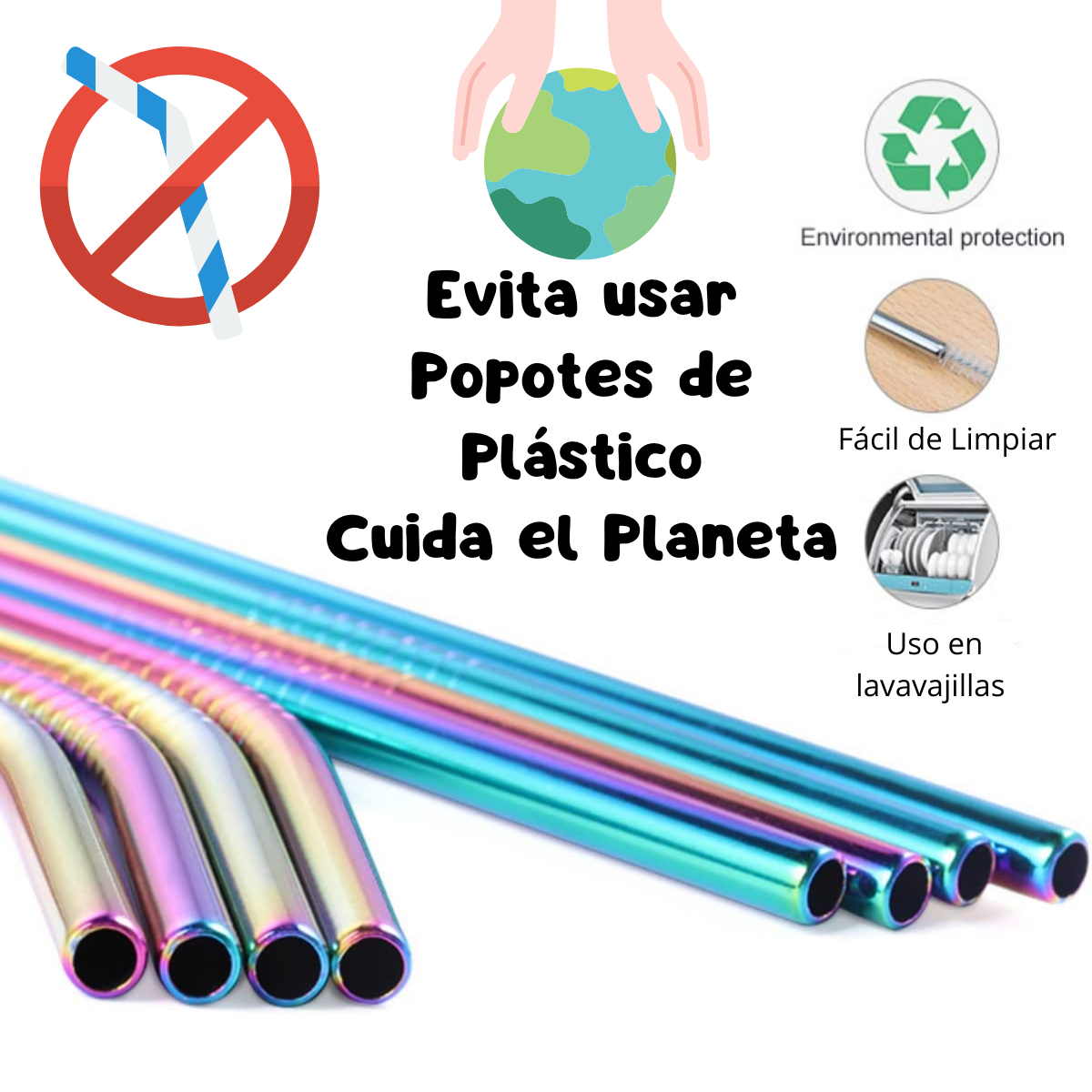Foto 4 | 8 Popotes Metálicos Tornasol Acero 30oz + 2 Cepillos