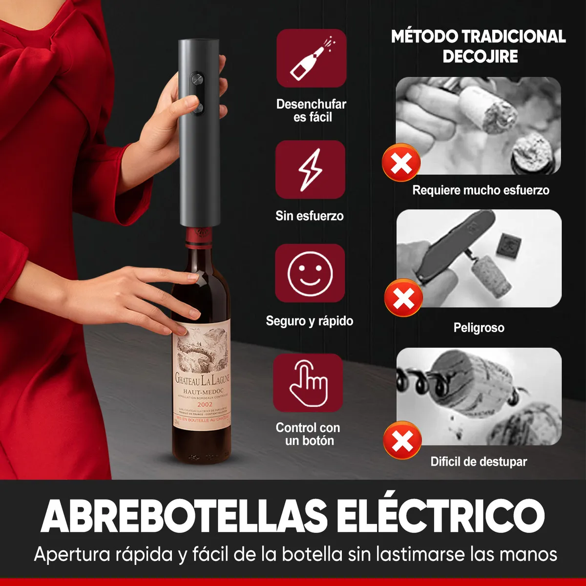 Foto 3 pulgar | Sacacorchos De Vino Eléctrico Con Base Kit Sacacorcho Eo Safe Imports  Esi-20687 Negro